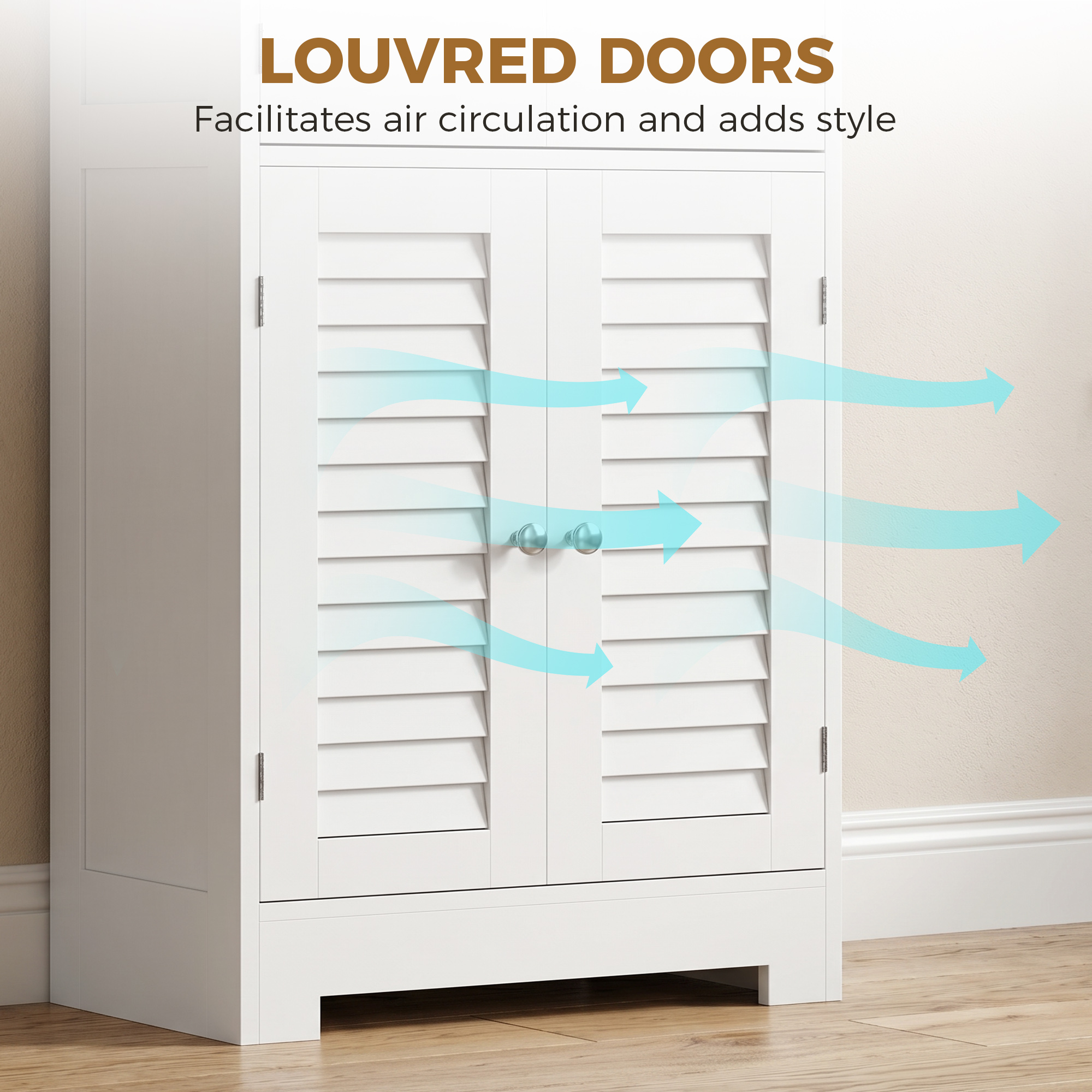 Freestanding Bathroom Cabinet with Glass/Louvred Doors, Tall Bathroom Cabinet for Kitchen, Study, Living Room - Image 2