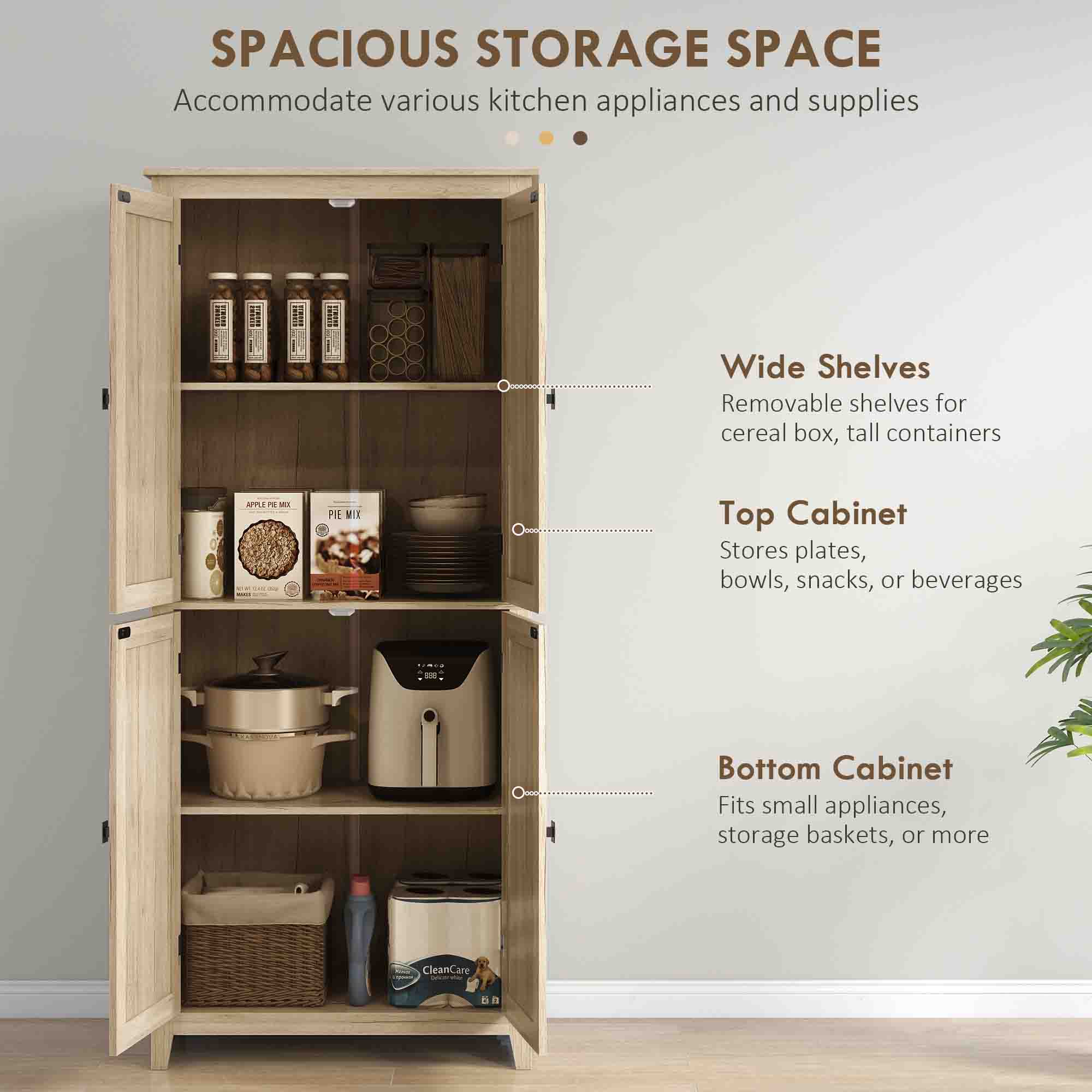72" Freestanding Storage Cabinet, Kitchen Pantry Cabinet with Doors and Shelves for Dining Room, Natural - Image 2