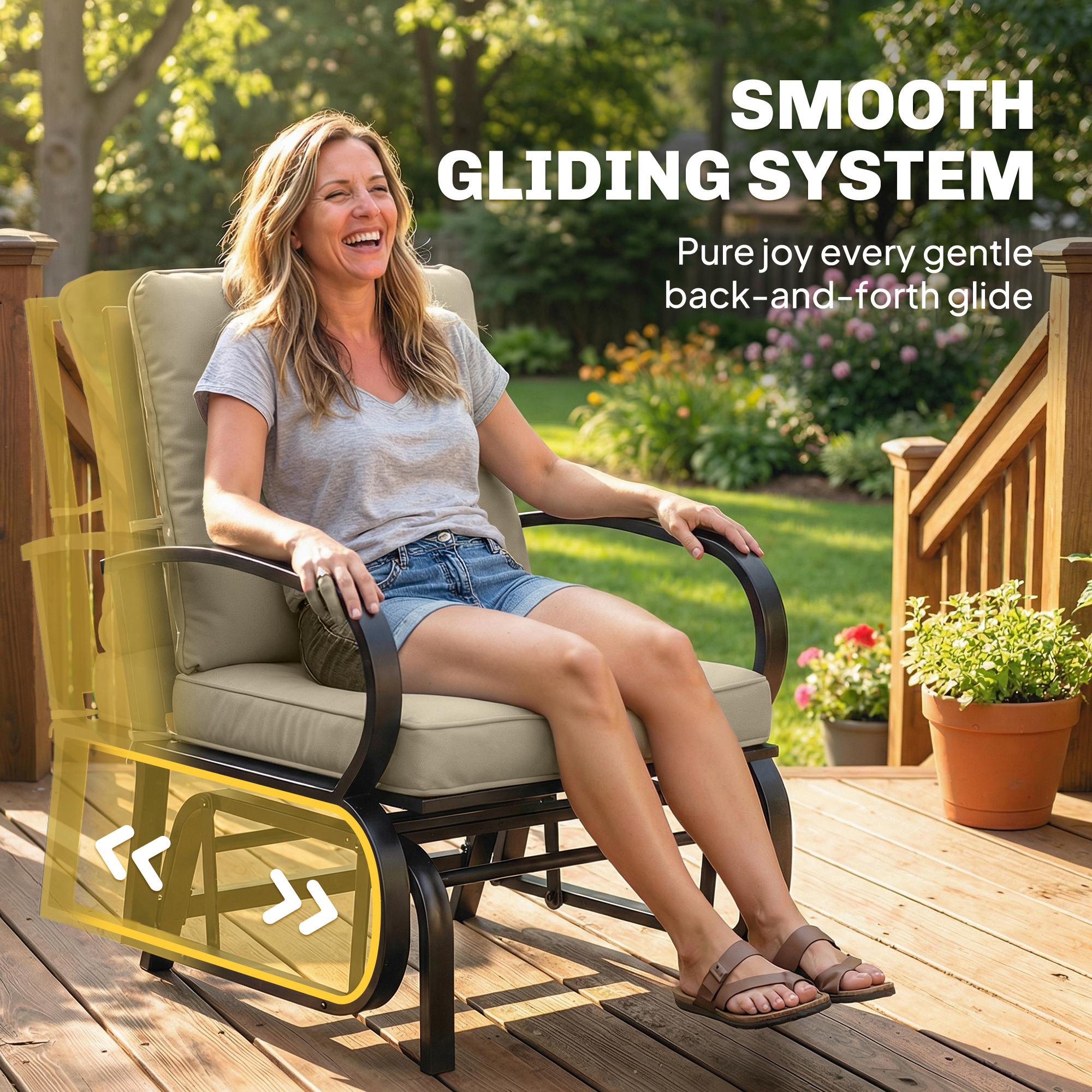 Patio Glider, Outdoor Glider Chair with Cushions, Steel Frame, Curved Armrests, Beige - Image 2