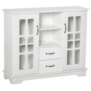 Modern Kitchen Sideboard with 2 Drawers, Coffee Bar Cabinet with Glass Doors Storage Cupboard and Open Shelf, White
