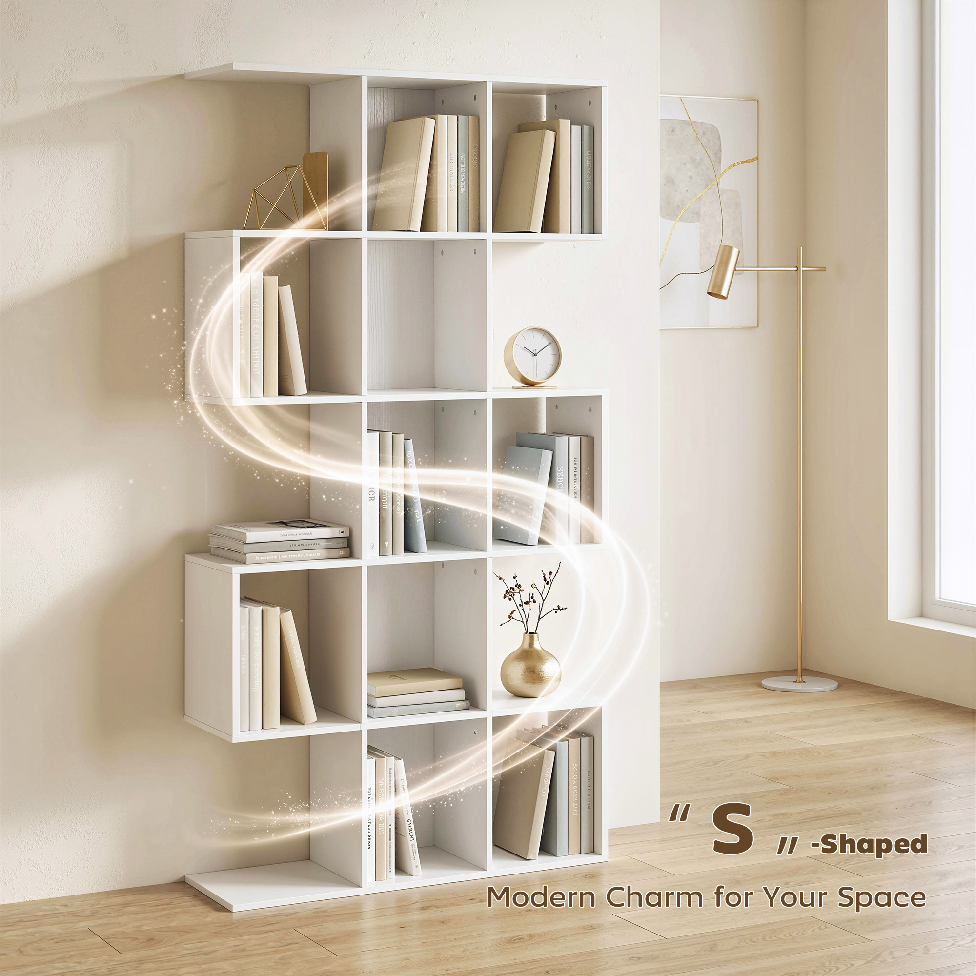 5-Tier Bookshelf, S Shaped Geometric Bookcase with 15 Compartments, White Wood Grain - Image 2
