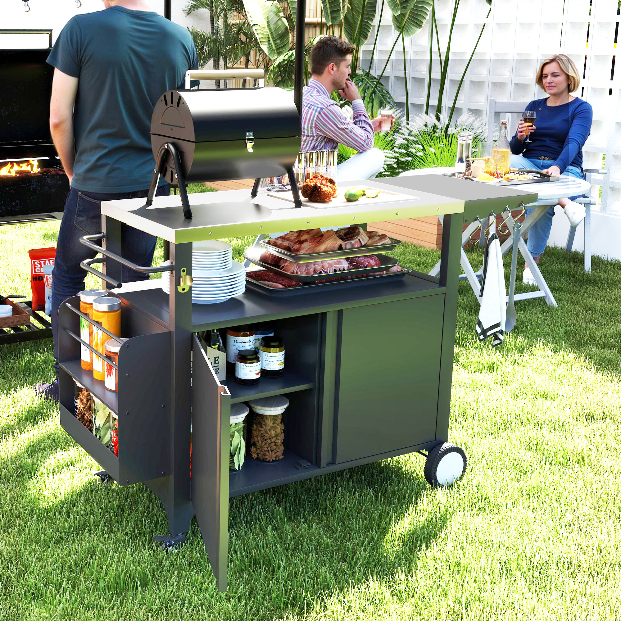 Outdoor Grill Cart with Foldable Side Table, Stainless Steel Tabletop, Pizza Oven Stand with Storage Rack, Wheels - Image 6