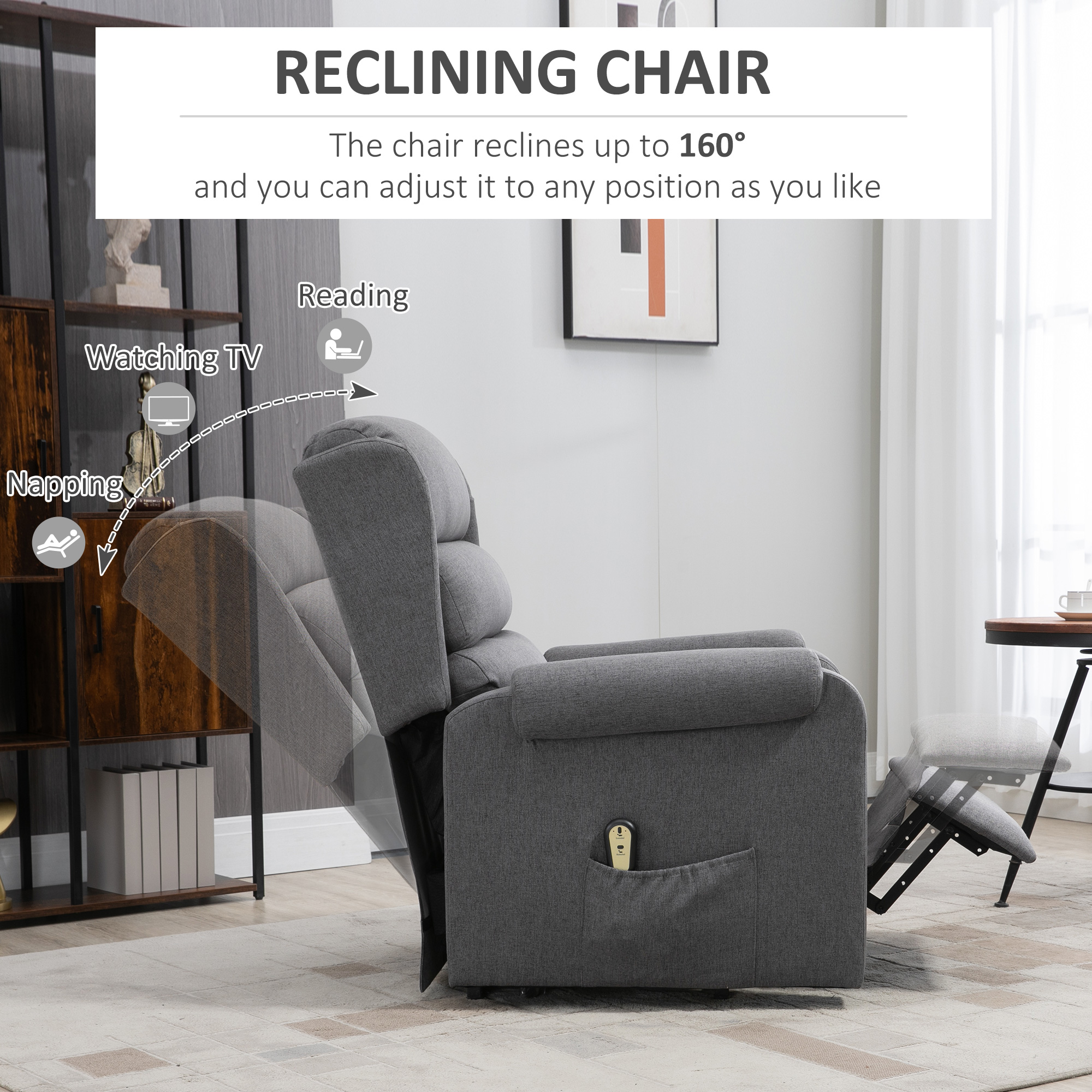 Lift Chair for Elderly, Power Chair Recliner with Footrest, Remote Control, Side Pockets for Living Room, Grey - Image 3