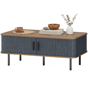 Nordic Side Table with Fluted Tambour Sliding Doors and Steel Legs, Coffee Table with Storage for Living Room, Black