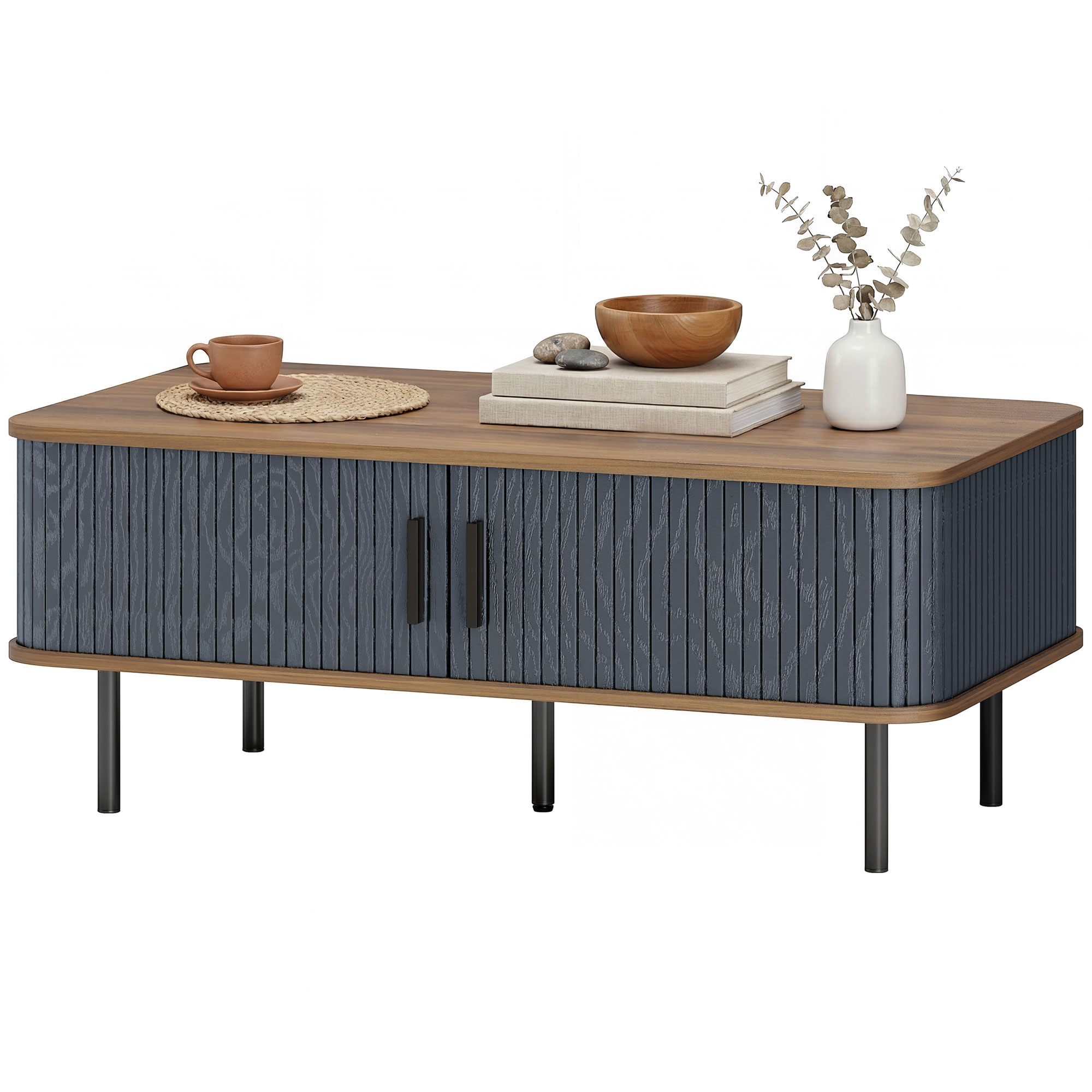 Nordic Side Table with Fluted Tambour Sliding Doors and Steel Legs, Coffee Table with Storage for Living Room, Black