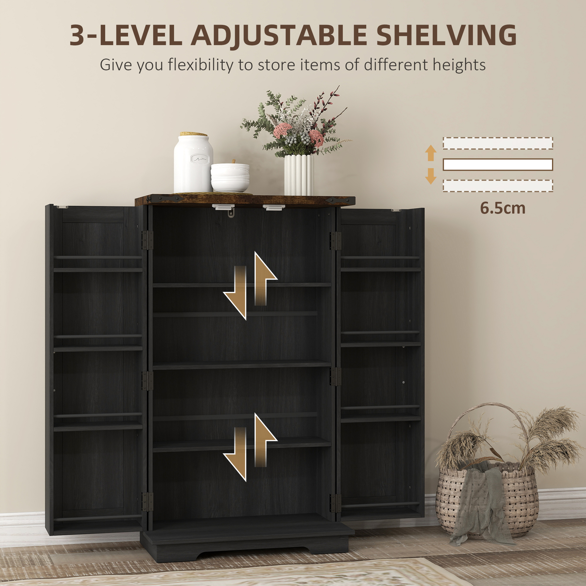 Farmhouse Kitchen Pantry Storage Cabinet, Kitchen Pantry Cabinet with Doors and Adjustable Shelves, Black - Image 3