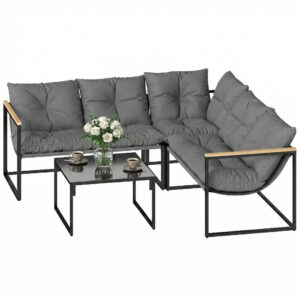 4 Piece Patio Furniture Set with Thick Cushions and Coffee Table, Patio Conversation Set for Porch, Balcony, Deck, Grey