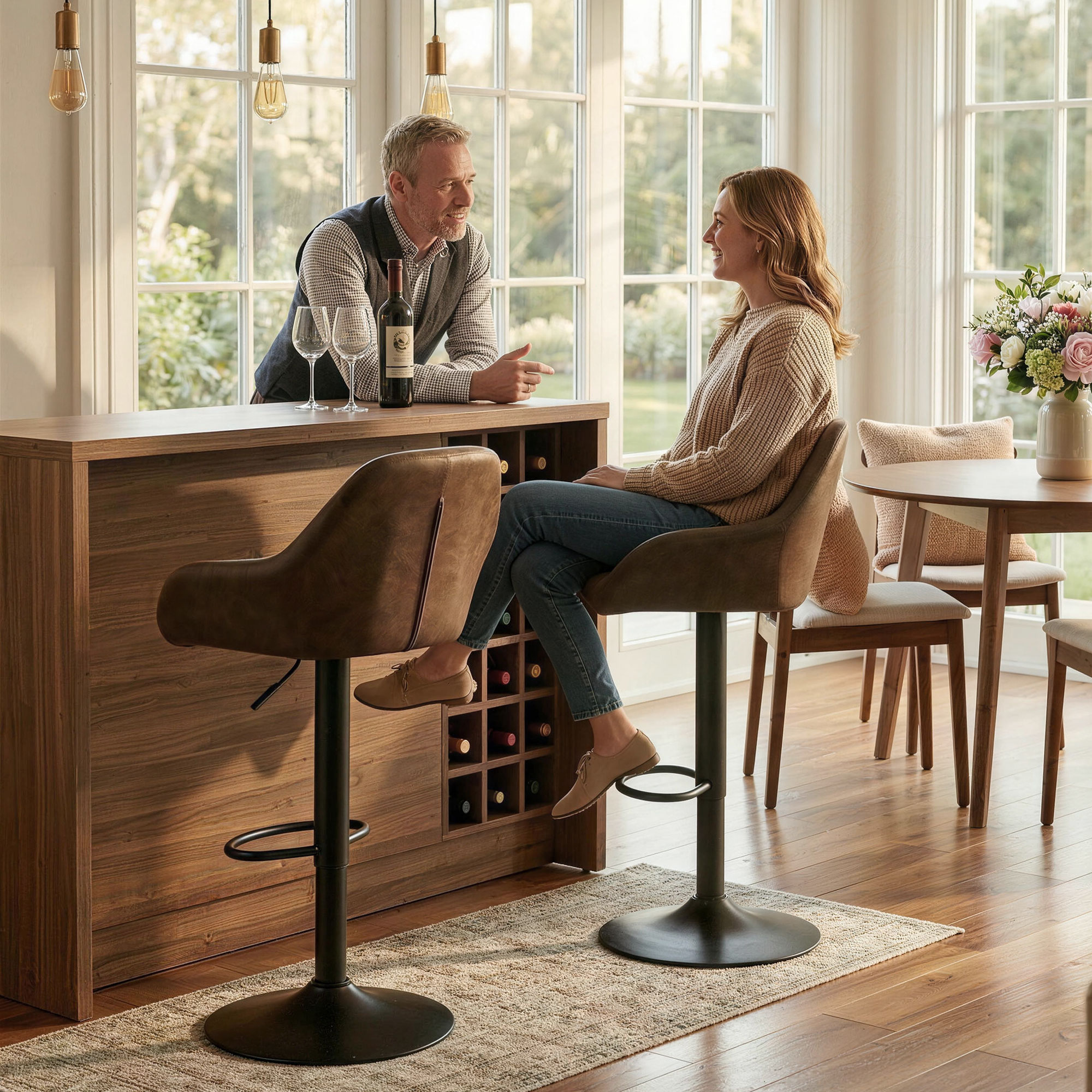 Adjustable Bar Stools Set of 2, Swivel Barstools with Footrest and Back, PU Leather and Steel Round Base, Coffee - Image 6