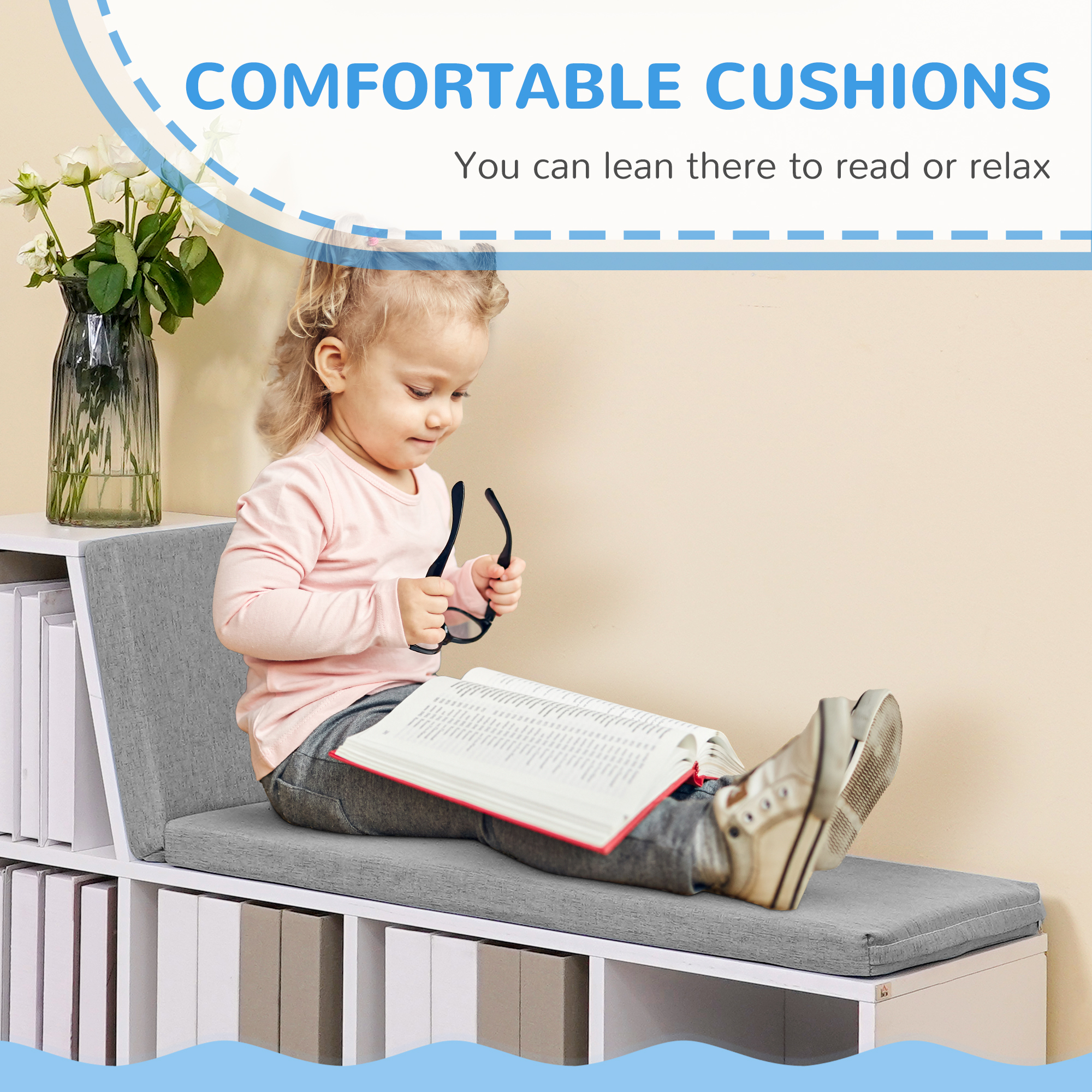 Multi-Purpose Bookshelf with 5 Cubes, 5-Cubby Bookcase with Cushioned Reading Nook and Storage Shelves, Grey - Image 4