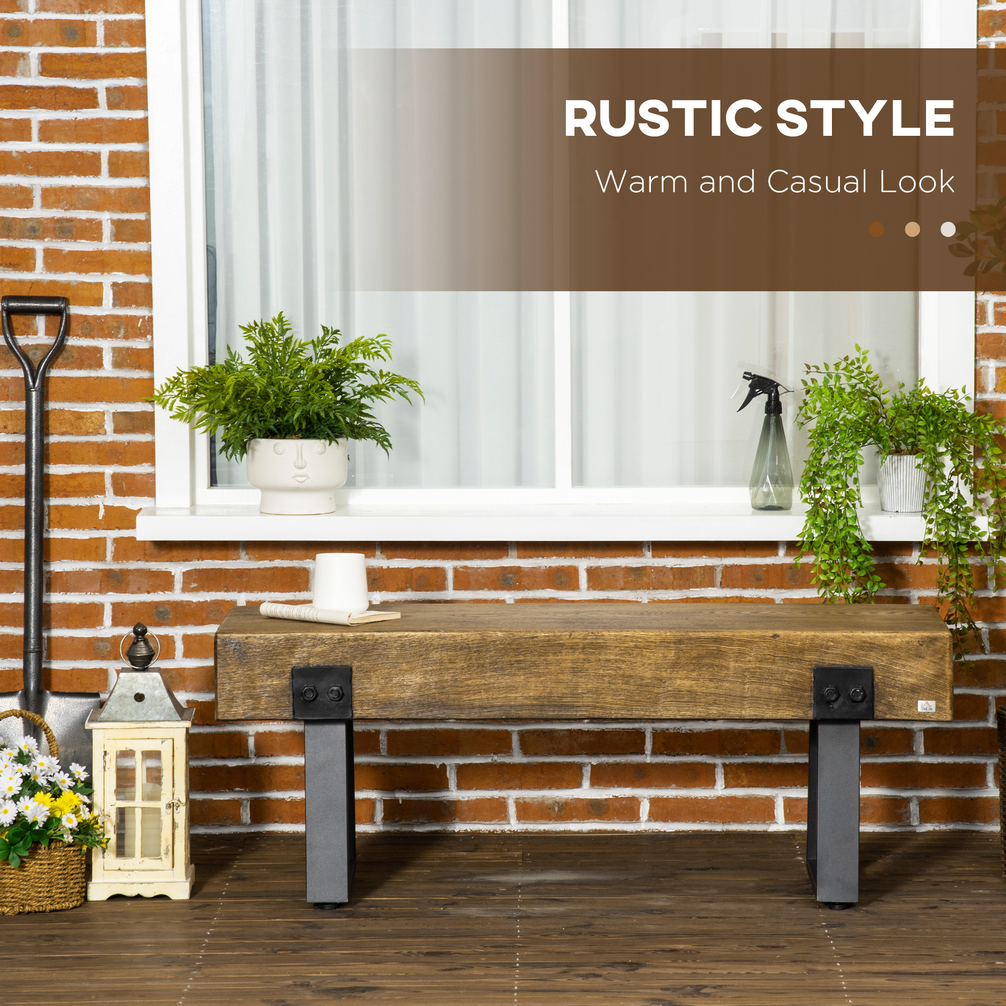 Outdoor Bench, Garden Bench with Metal Legs, Rustic Wood Effect Concrete, Indoor or Outdoor Use for Patio, Park, Porch and Lawn, Natural and Black - Image 2