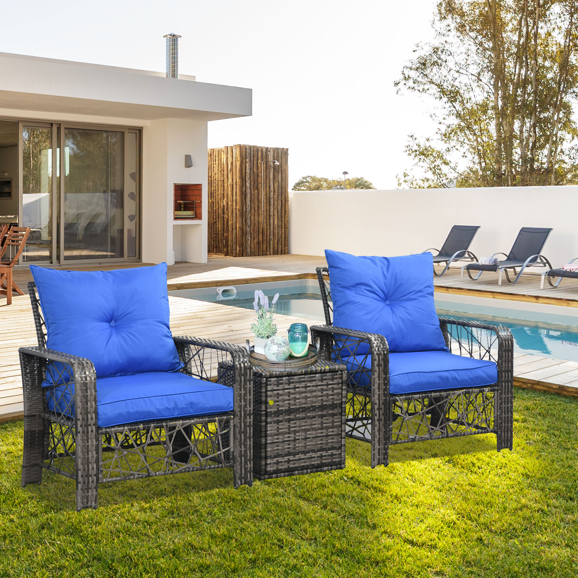3 Pieces Wicker Patio Furniture Set, Rattan Bistro Set with Storage Coffee Table and Thickened Cushions, Outdoor Conversation Set for Garden, Porch, Balcony, Blue - Image 6