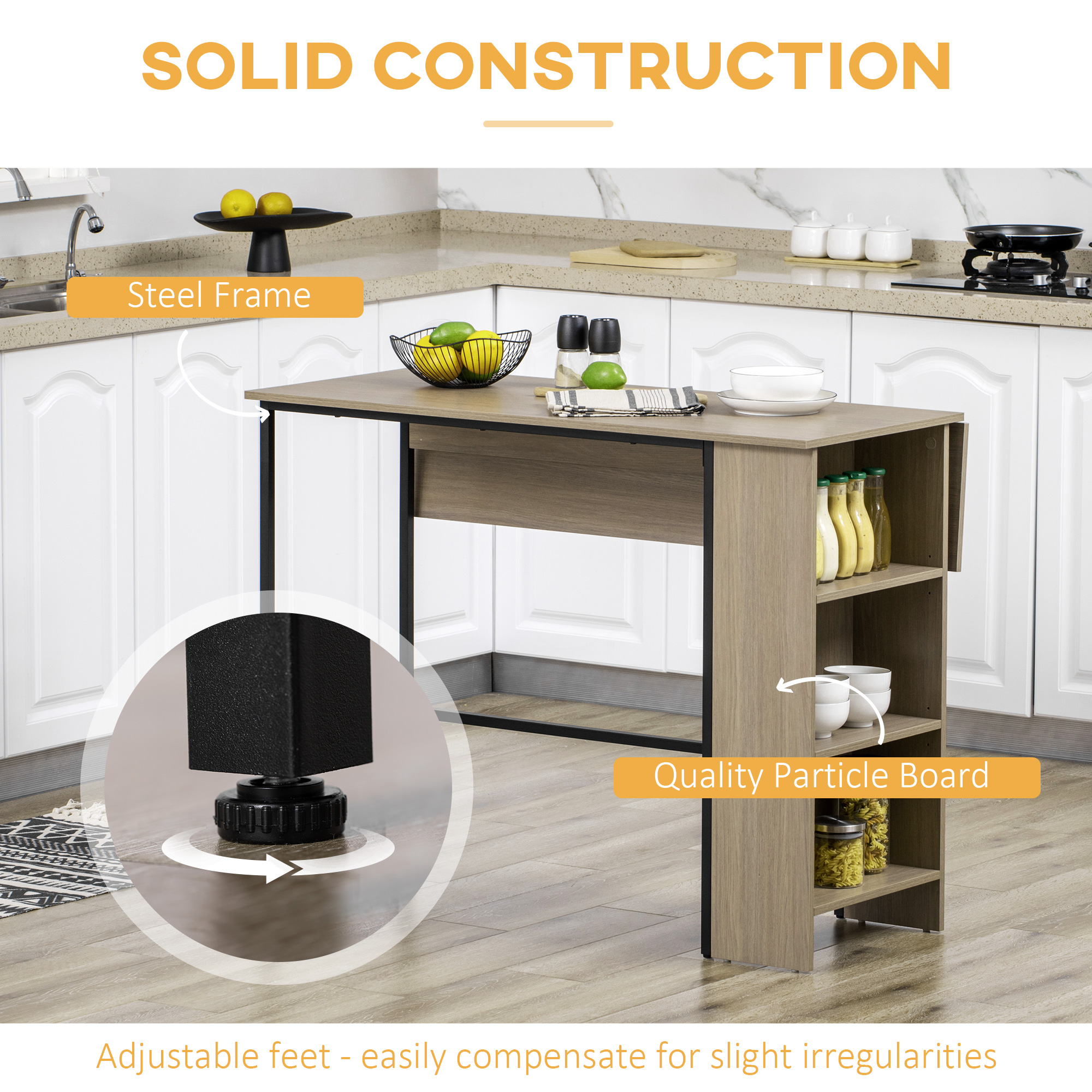 Counter Height Table with Drop Leaf, Extendable Bar Table with Adjustable Storage Shelf, Light Grey - Image 4