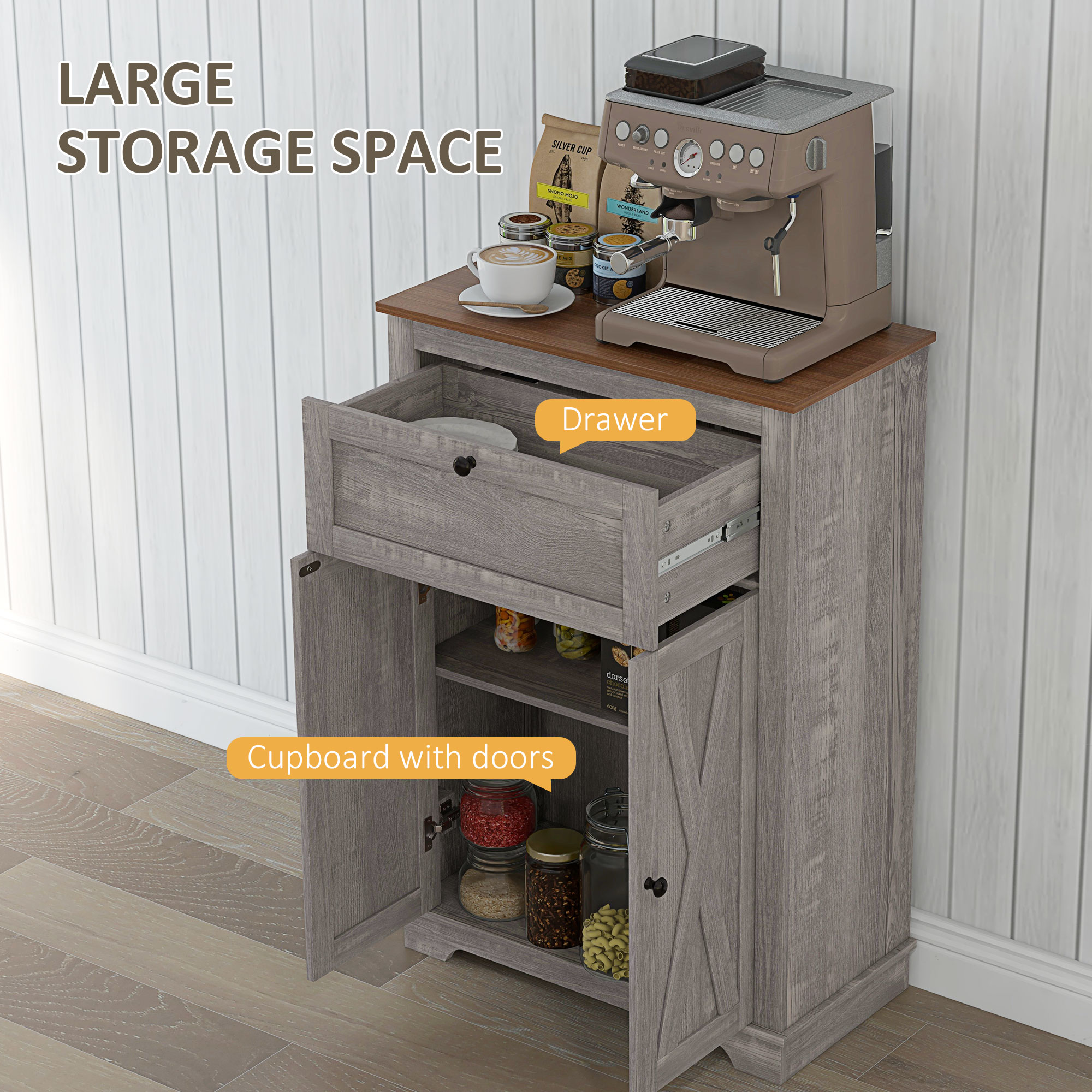 Storage Cabinet Farmhouse Sideboard Storage Cabinet with Doors and Drawer for Kitchen, Living Room, Grey Wash - Image 2
