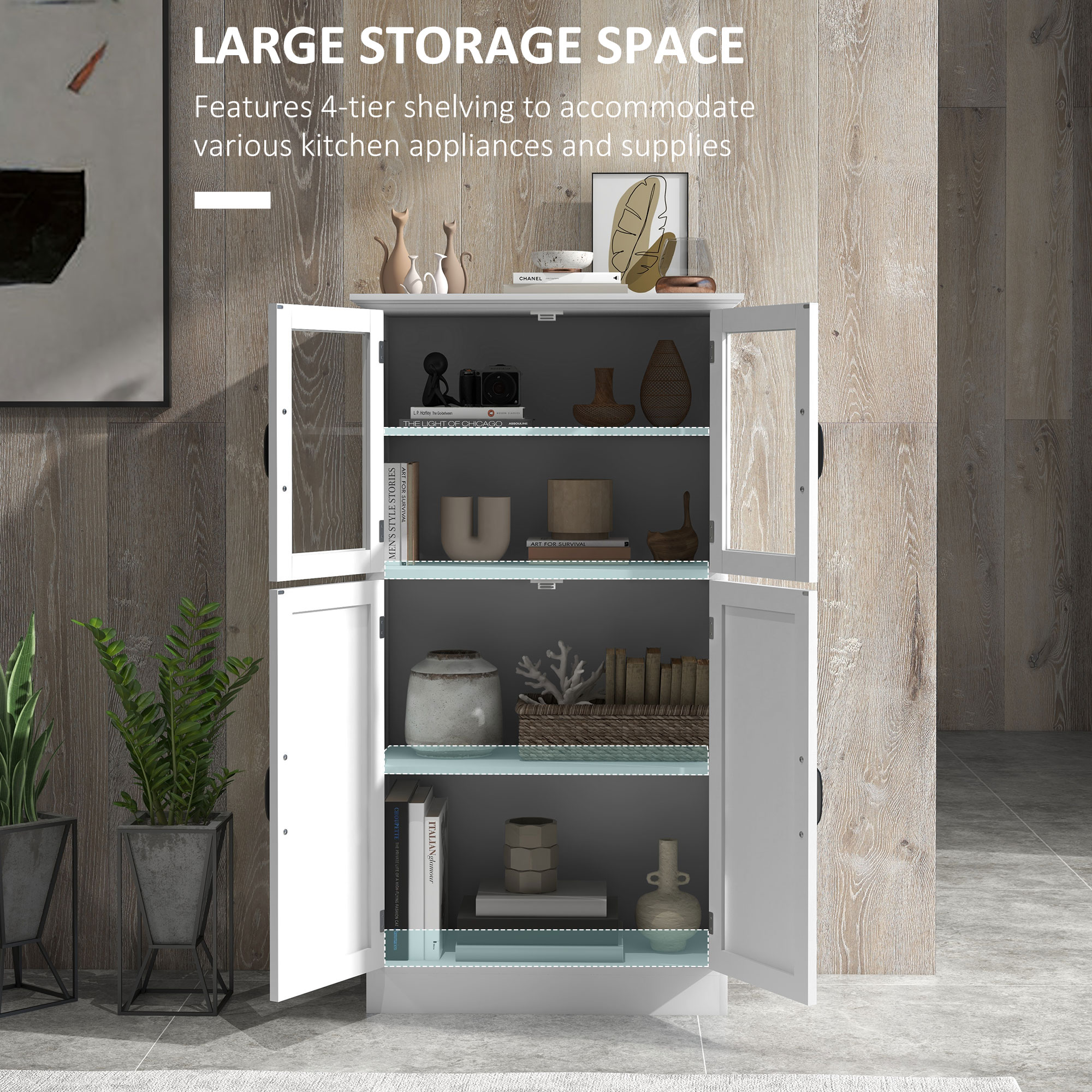 Modern Sideboard Cabinet, Freestanding Sideboards and Buffets with Glass Doors, 4-tier Shelving and Adjustable Shelves - Image 2