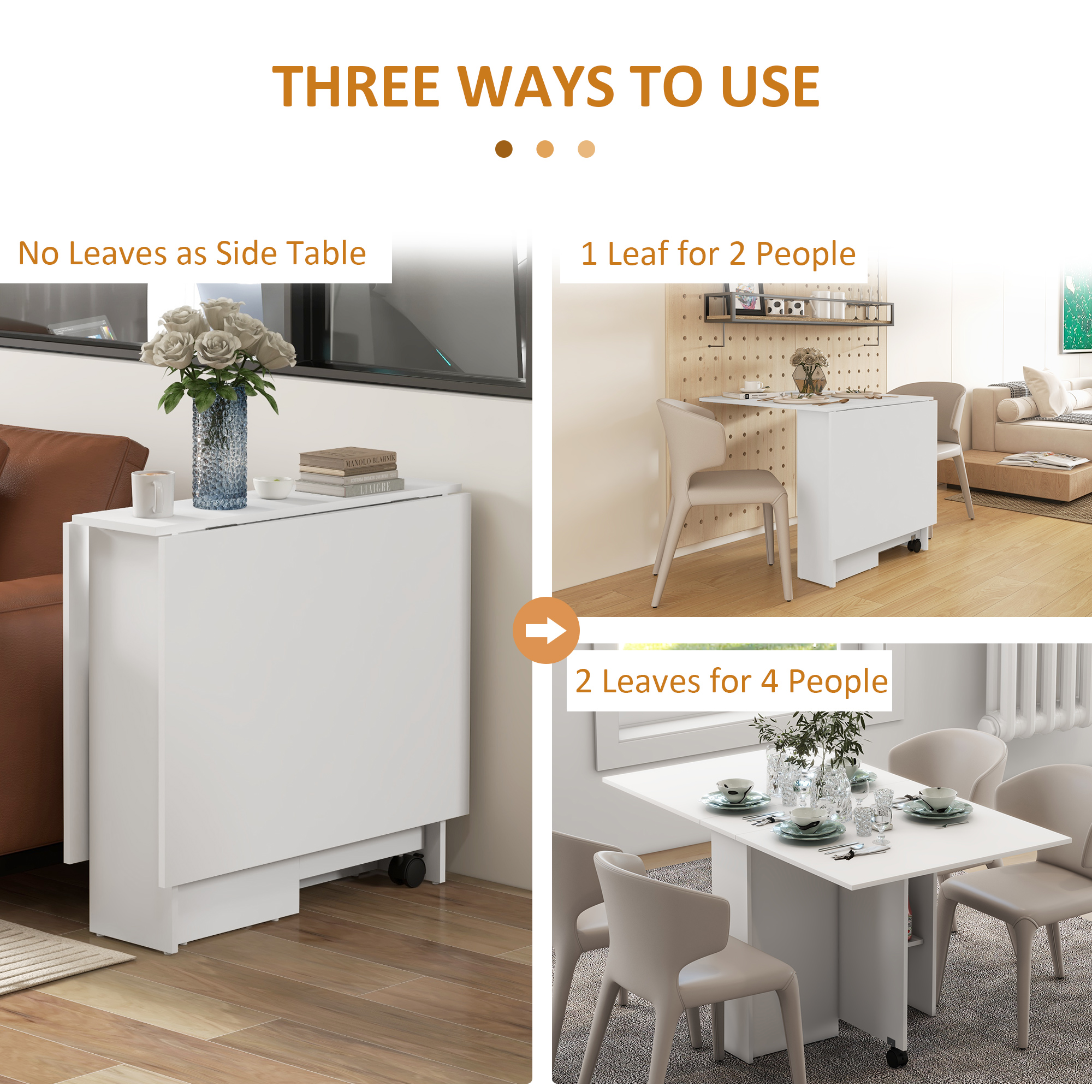 Folding Dining Table, 55" Drop Leaf Table for Small Spaces, Foldable Table with Storage Shelves for Kitchen, Dining Room, White - Image 2