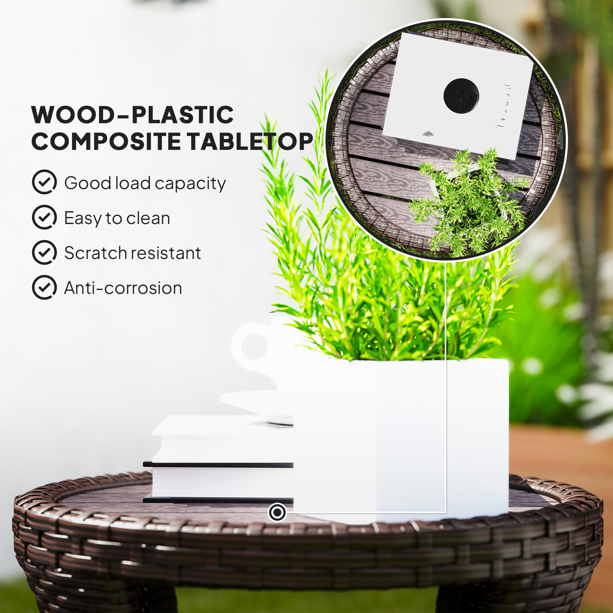 18" Wicker Outdoor Coffee Table, PE Rattan Patio Side Table with 2-Tier Storage, Composite Wood Top, Brown - Image 5