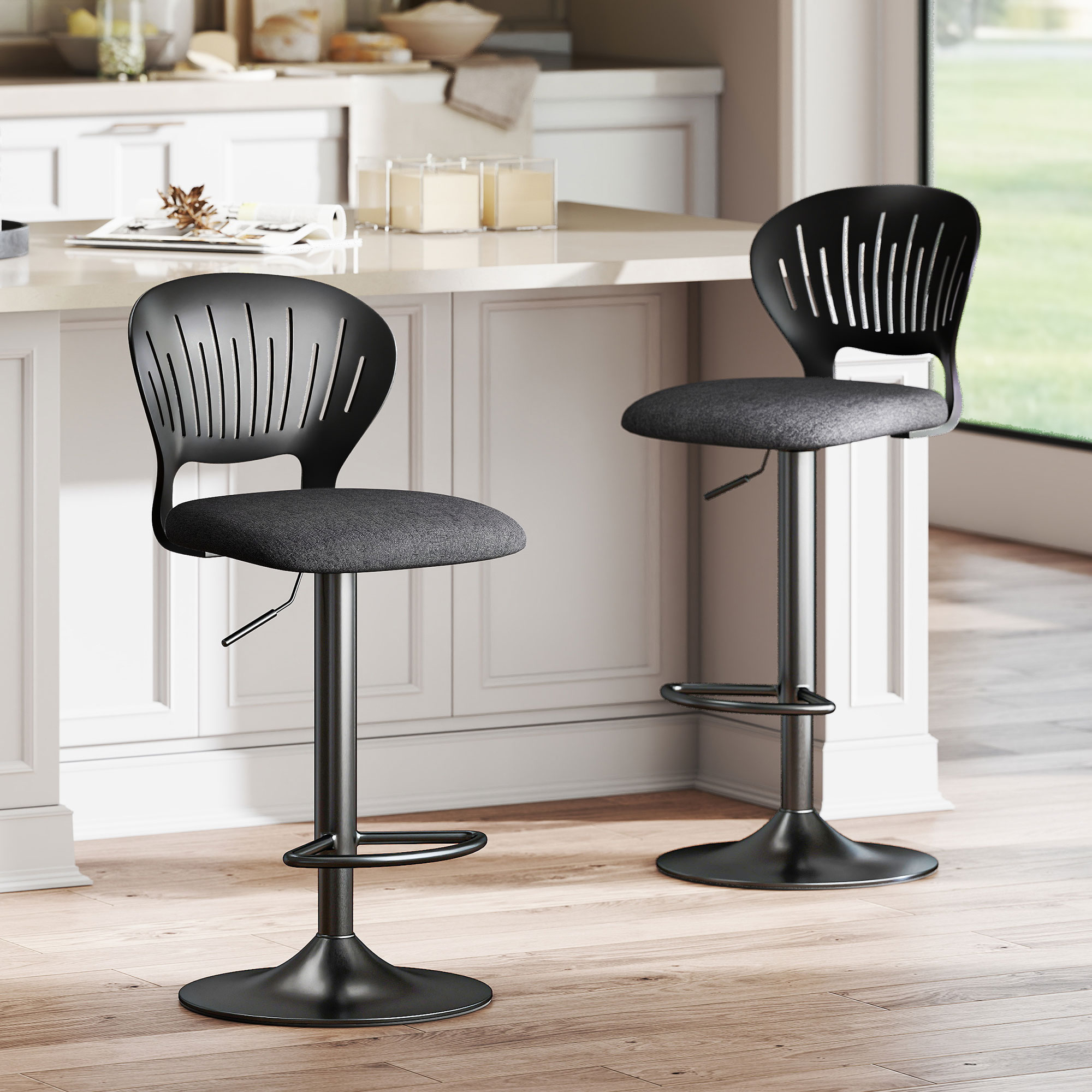 Bar Stools Set of 2, Modern Swivel Counter Height Barstools with Footrest and Hollow Backrest, Black - Image 6