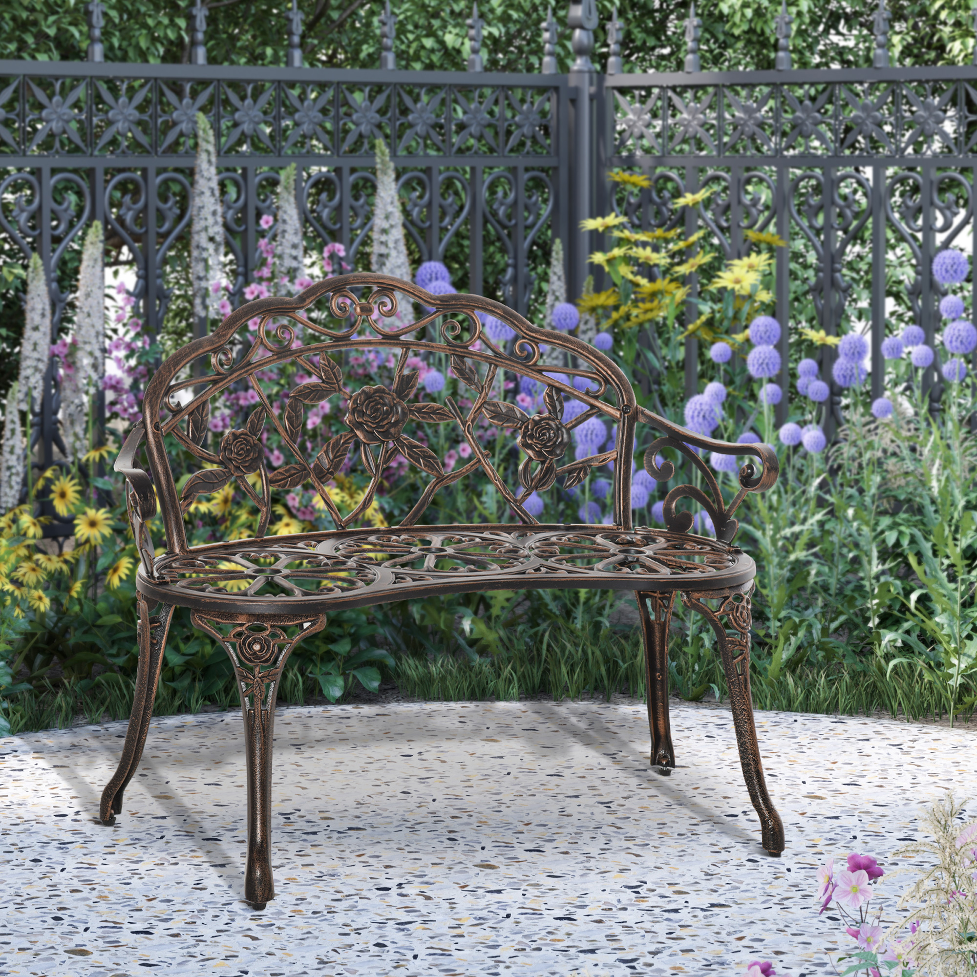 40" Outdoor Garden Bench, Cast Aluminum Antique Rose Style Patio Garden Park Loveseat Bench for Backyard, Porch, Balcony, Lawn, Bronze - Image 6