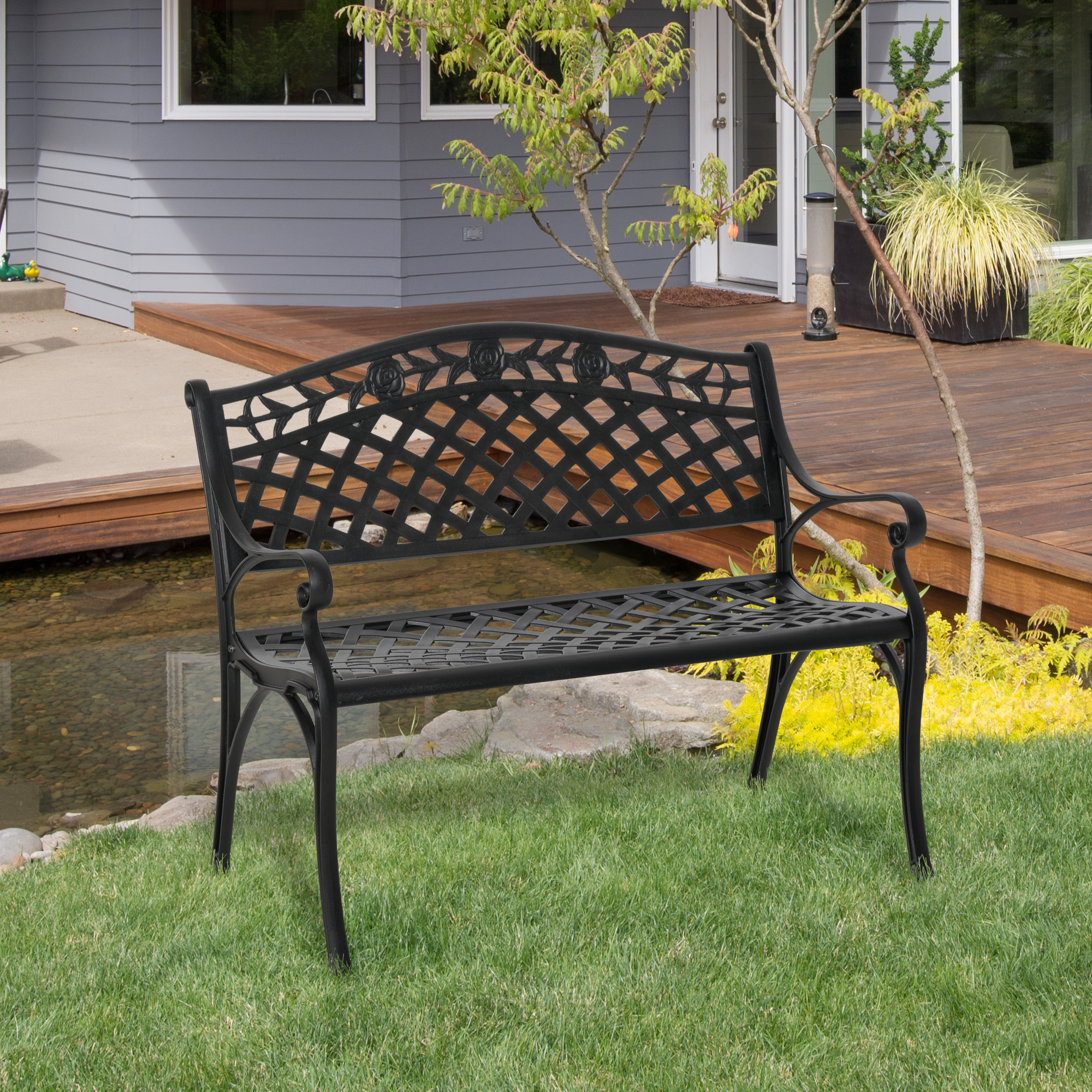 Outdoor Garden Bench, 40" Patio Bench with Aluminum Frame and Armrests, 2-Person Patio Loveseat with Floral Pattern for Park, Porch, Yard, Lawn, 485 LBS Capacity - Image 6