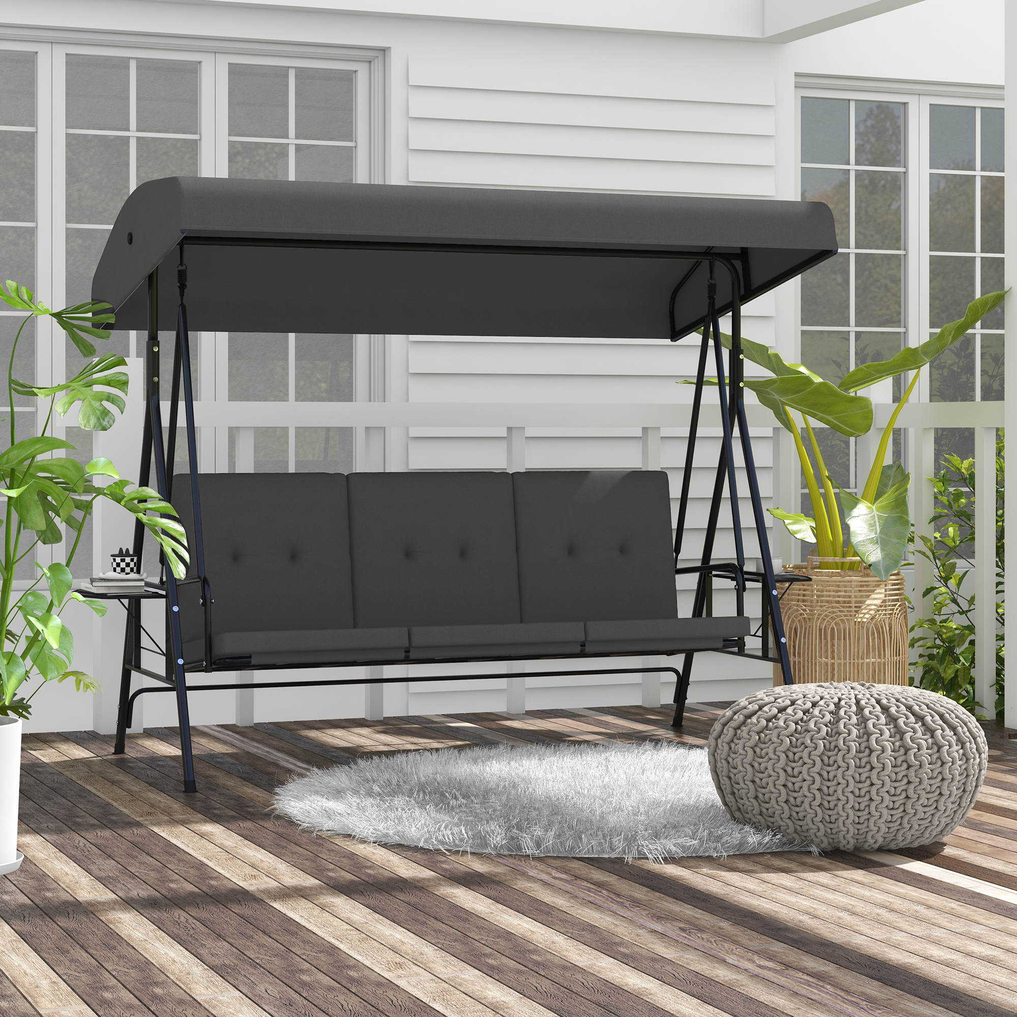 3-Seat Outdoor Porch Swing Patio Swing with Adjustable Canopy, Side Tray, Removable Cushion for Garden, Poolside, Grey - Image 6