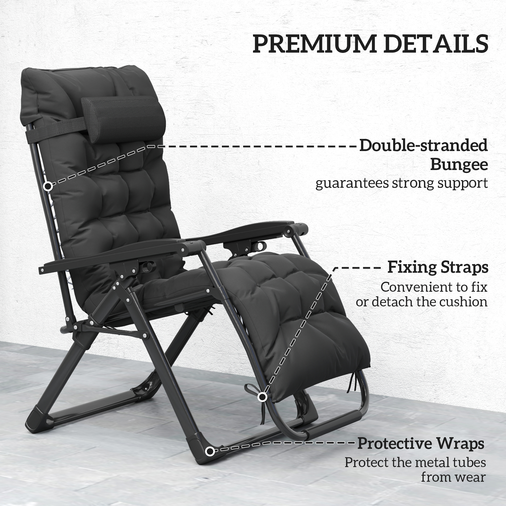 Folding Garden Chair, Reclining Zero Gravity Chair, Sun Lounger with Cushion and Headrest, Black - Image 5