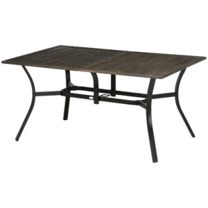 Steel Frame 59 Inch Outdoor Dining Table for Six with Parasol Hole, Wood Grain Tabletop, for Backyard, Garden, Brown
