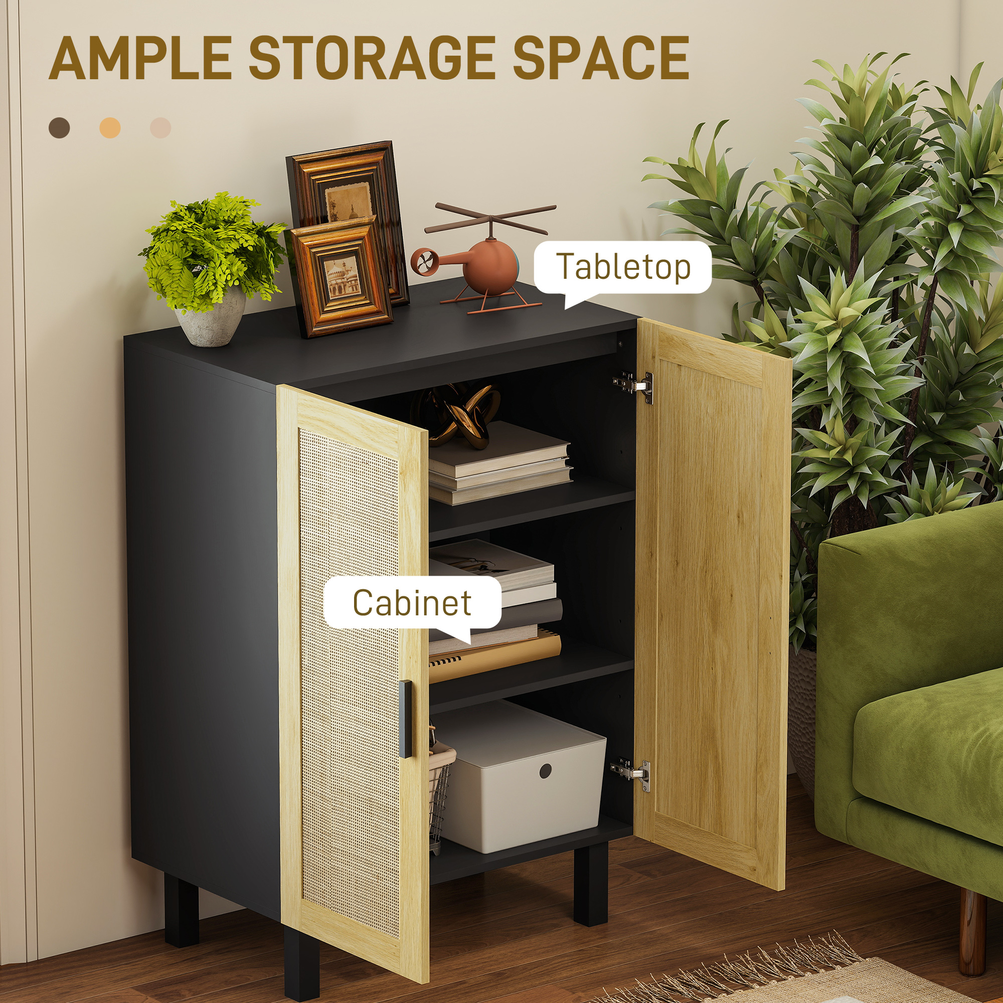 Boho Sideboard, Buffet Cabinet with Storage, Accent Cabinet with 2 Rattan Doors and Adjustable Shelves, Black - Image 5