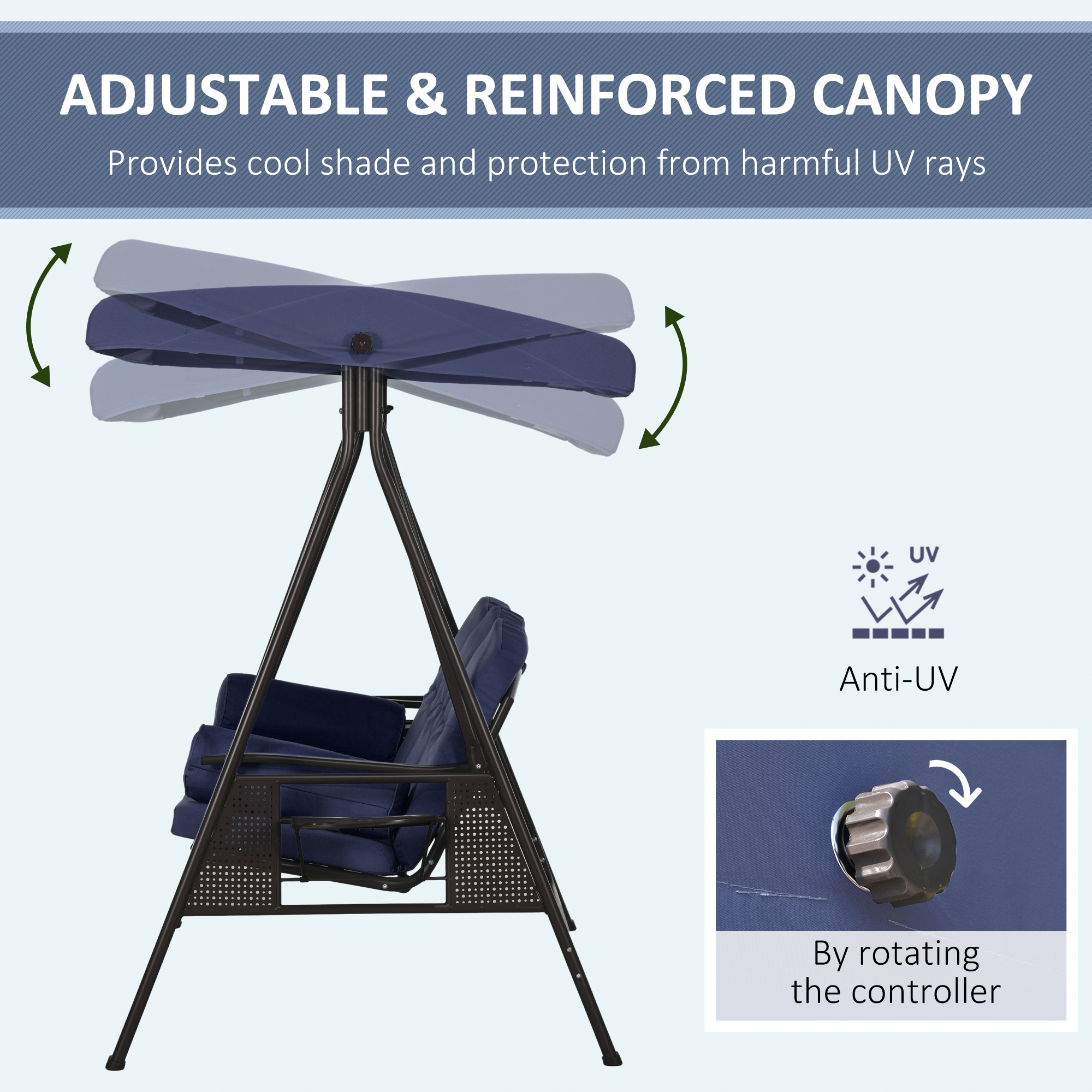 Outdoor Patio 3-Person Steel Canopy Cushioned Seat Bench Swing with Included Side Trays & Padded Comfort, Dark Blue - Image 2