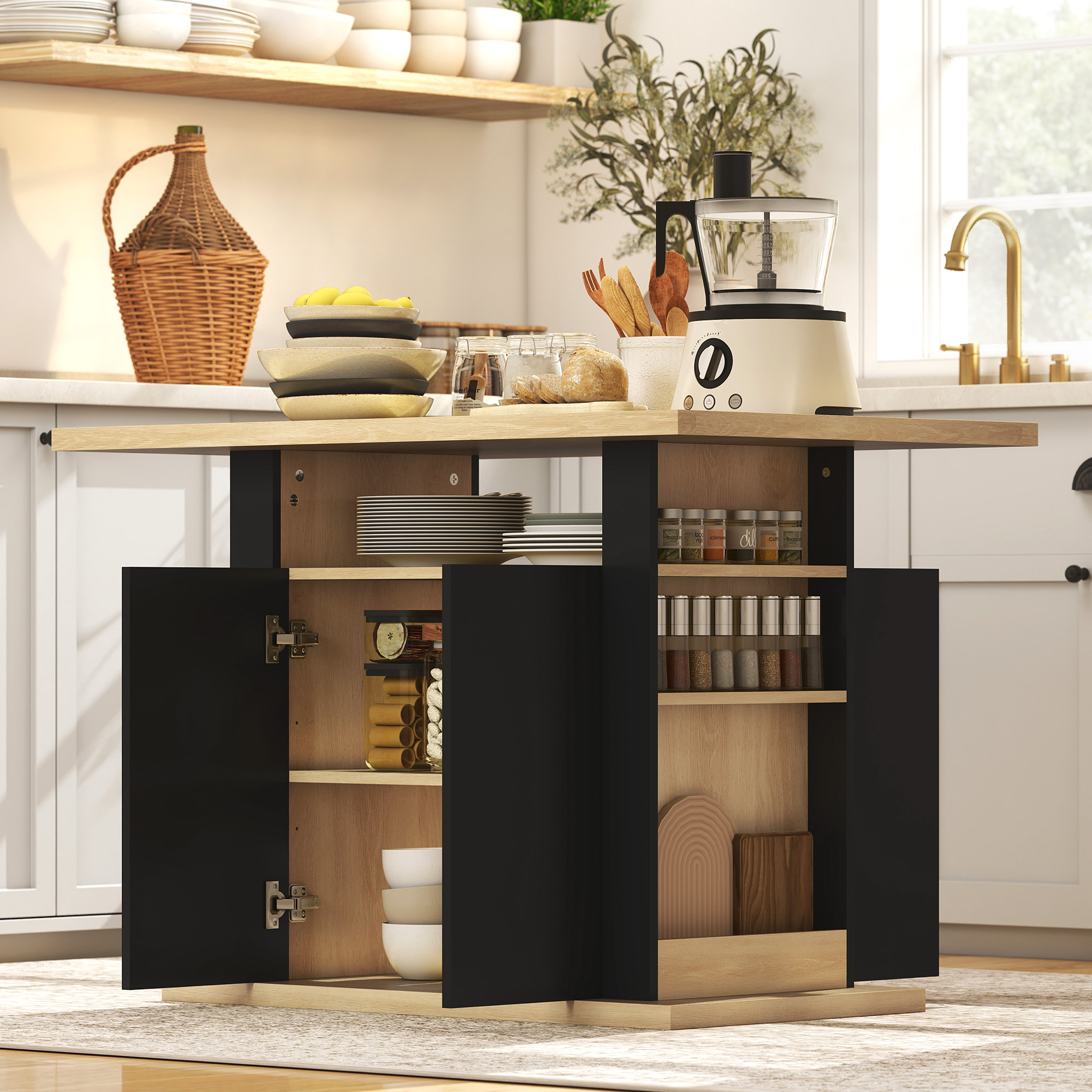 Kitchen Island Dining Table with Storage Cabinet, Large Tabletop for 4 People, 4-Door Cupboard & Shelves, Black - Image 5