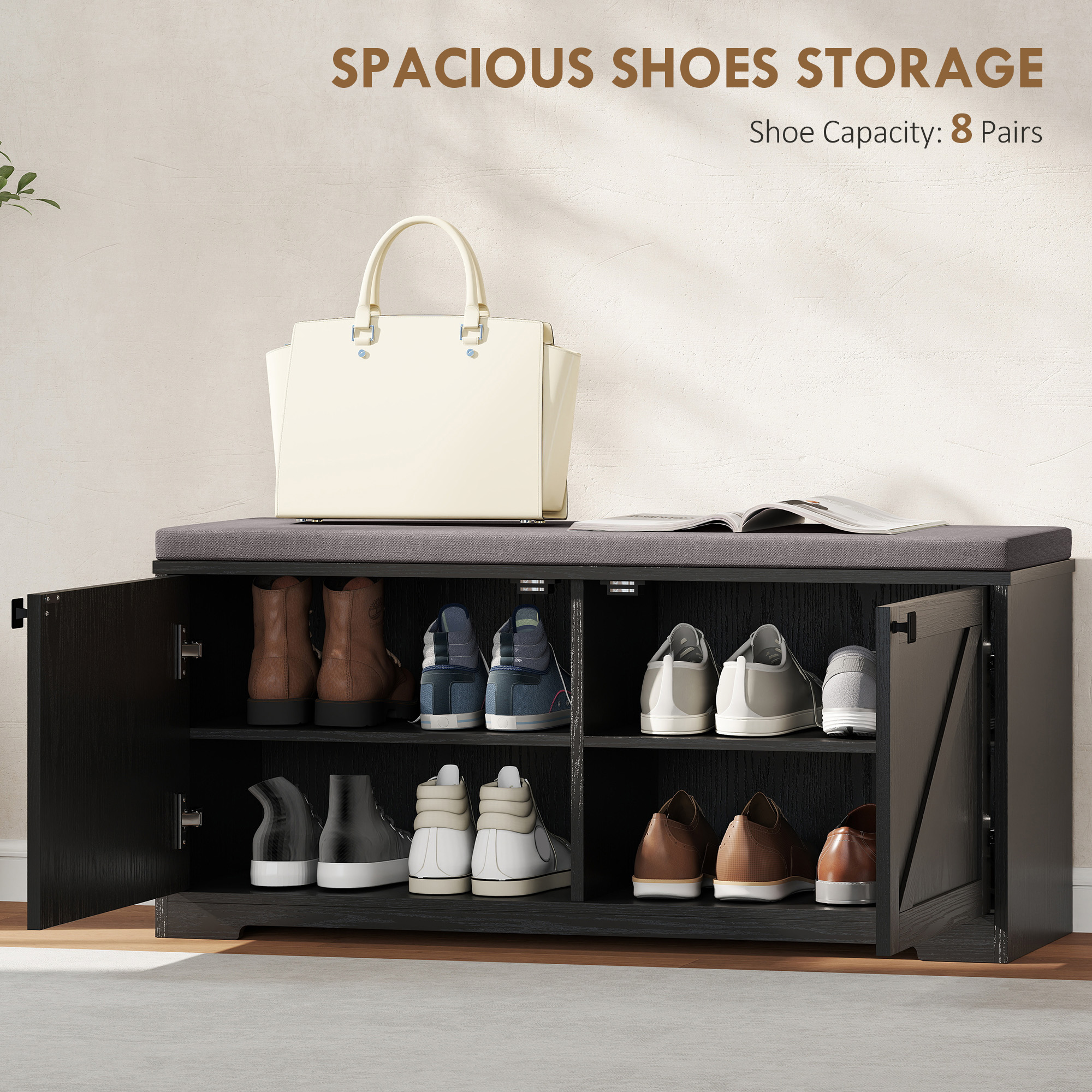 Shoe Storage Bench with Padded Seat, Entryway Bench Holds up to 352 lb, Shoe Organizer, 8 Pairs, Black Wood Grain - Image 2