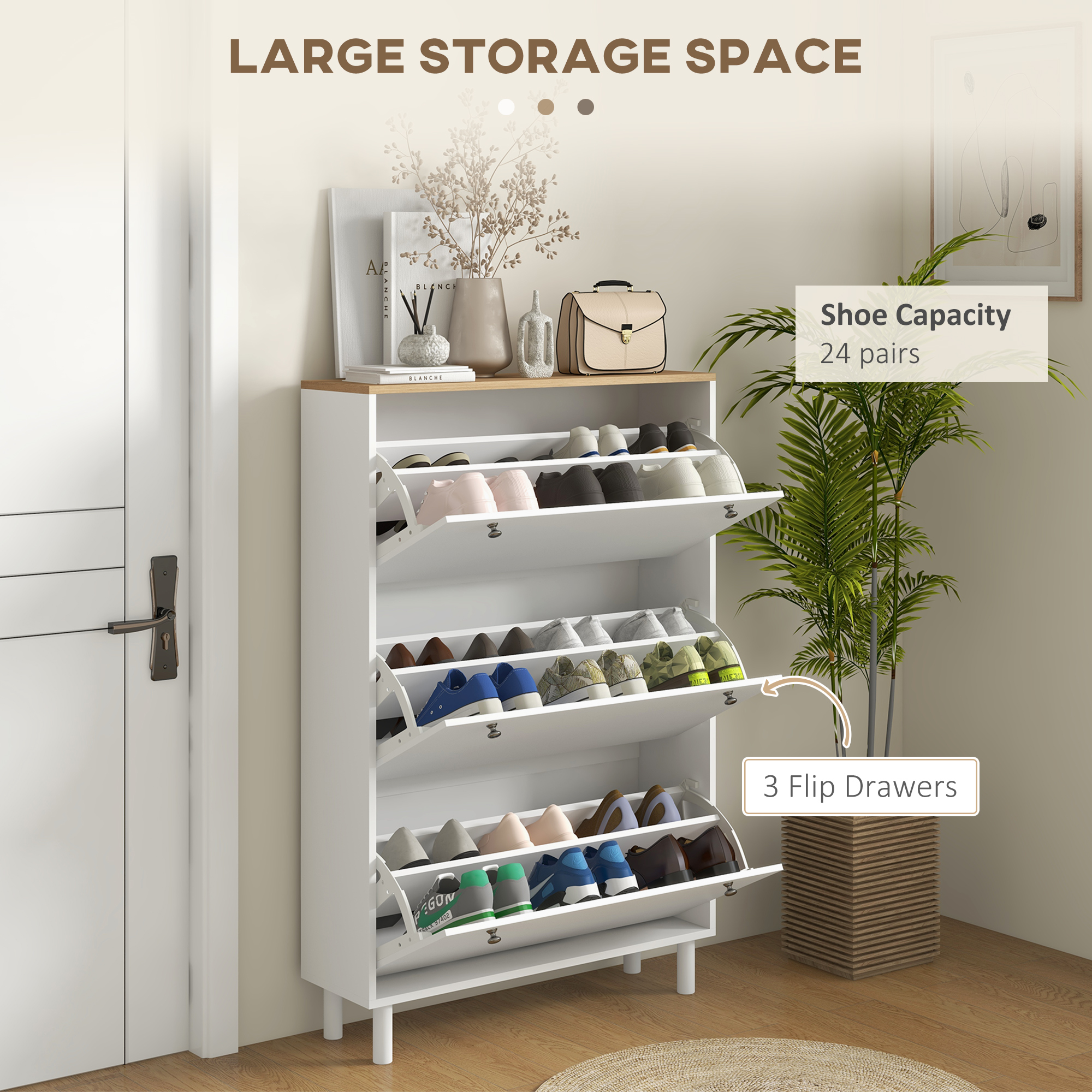 Shoe Storage with 3 Flip Drawers and Adjustable Shelves, Entryway Shoe Storage Cabinet for 24 Pairs of Shoes, White - Image 2