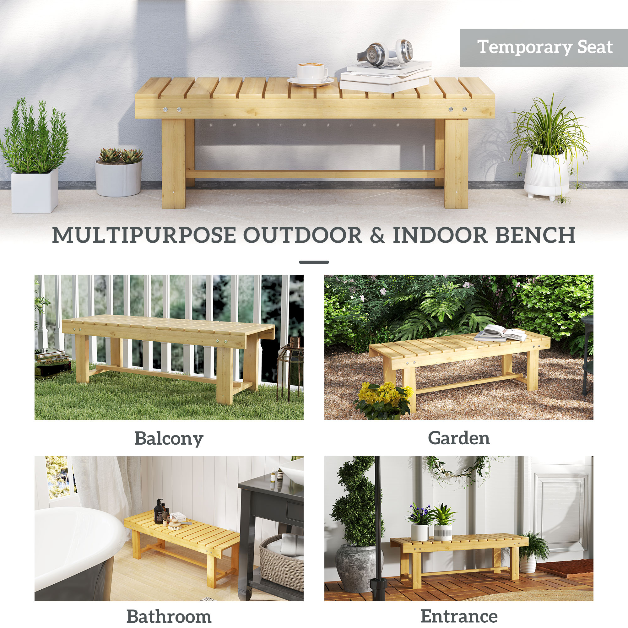 43" Wood Outdoor Bench, 2 Person Patio Bench, Backless Outdoor Patio Loveseat with Slatted Seat for Park, Backyard, Lawn, Natural Wood - Image 5