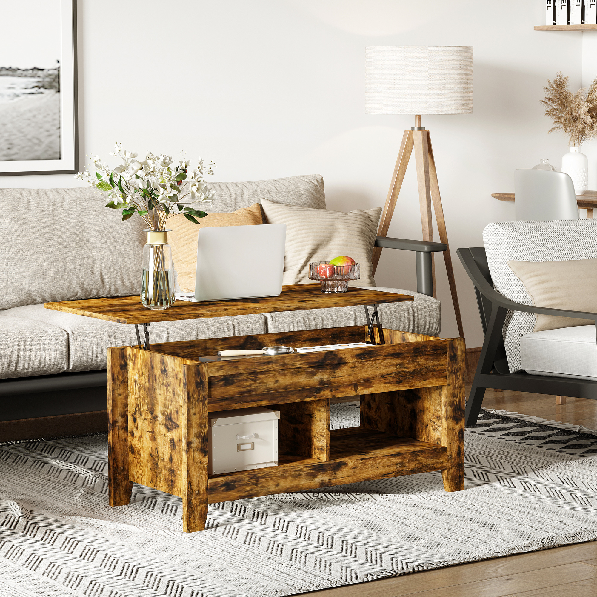 Lift Top Coffee Table with Hidden Storage Compartment and Open Shelves, Lift Tabletop Pop-Up Center Table for Living Room, Brown - Image 6