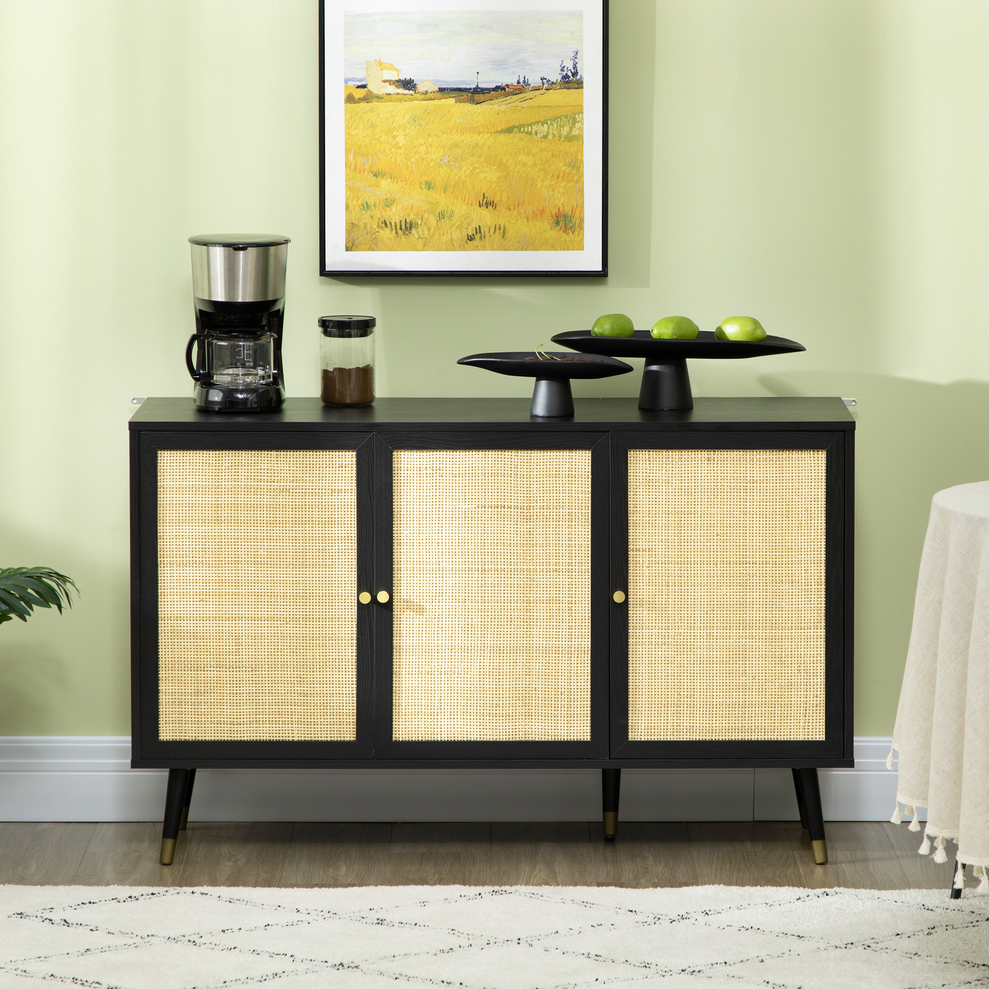 Kitchen Sideboard Cabinet, Boho Storage Cabinet with Shelves, Wood Legs, Decorative Rattan Doors, Black - Image 5