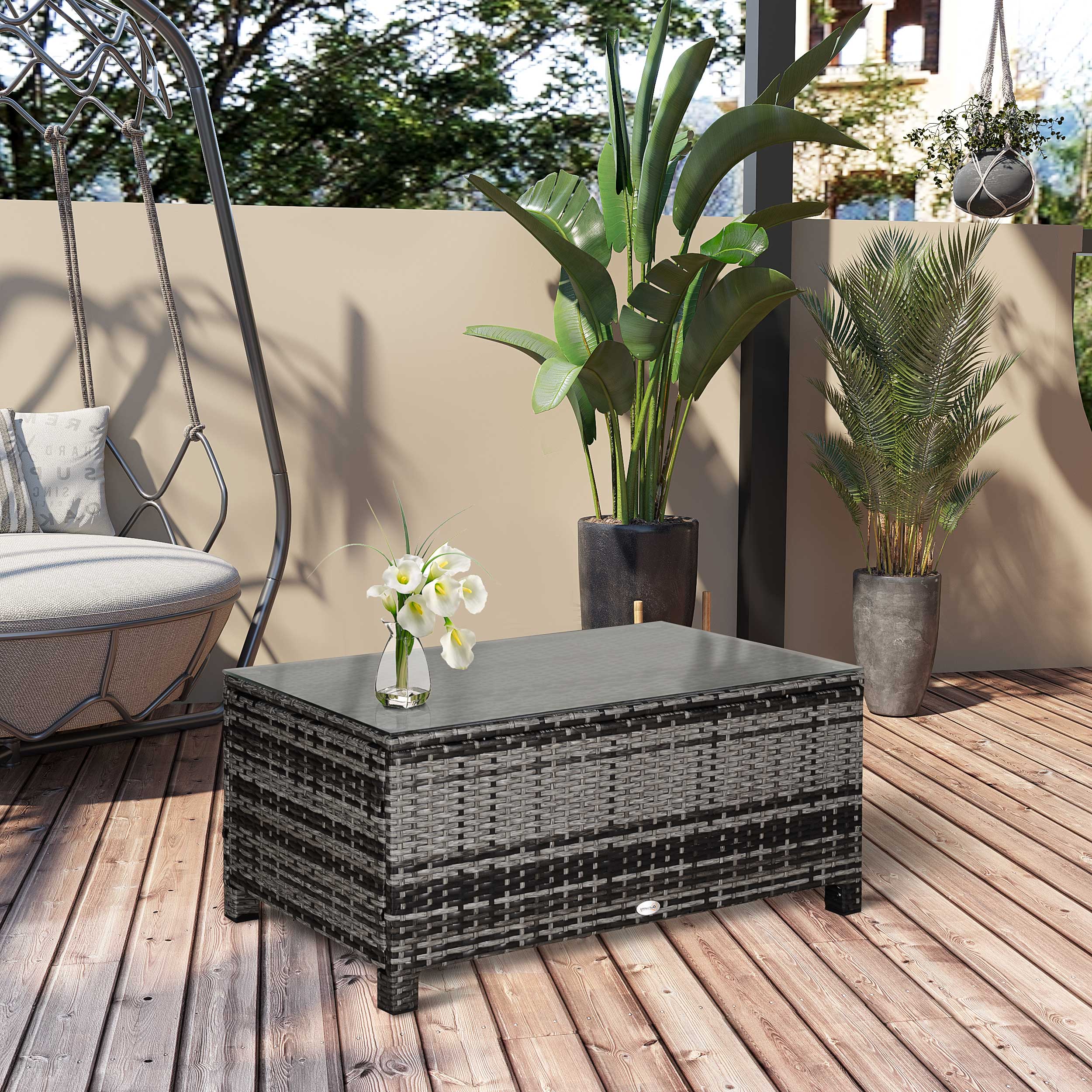 Outdoor PE Rattan Wicker Table, Patio Garden Side Table w/Glass Top for Patio, Balcony, Mixed Grey - Image 6