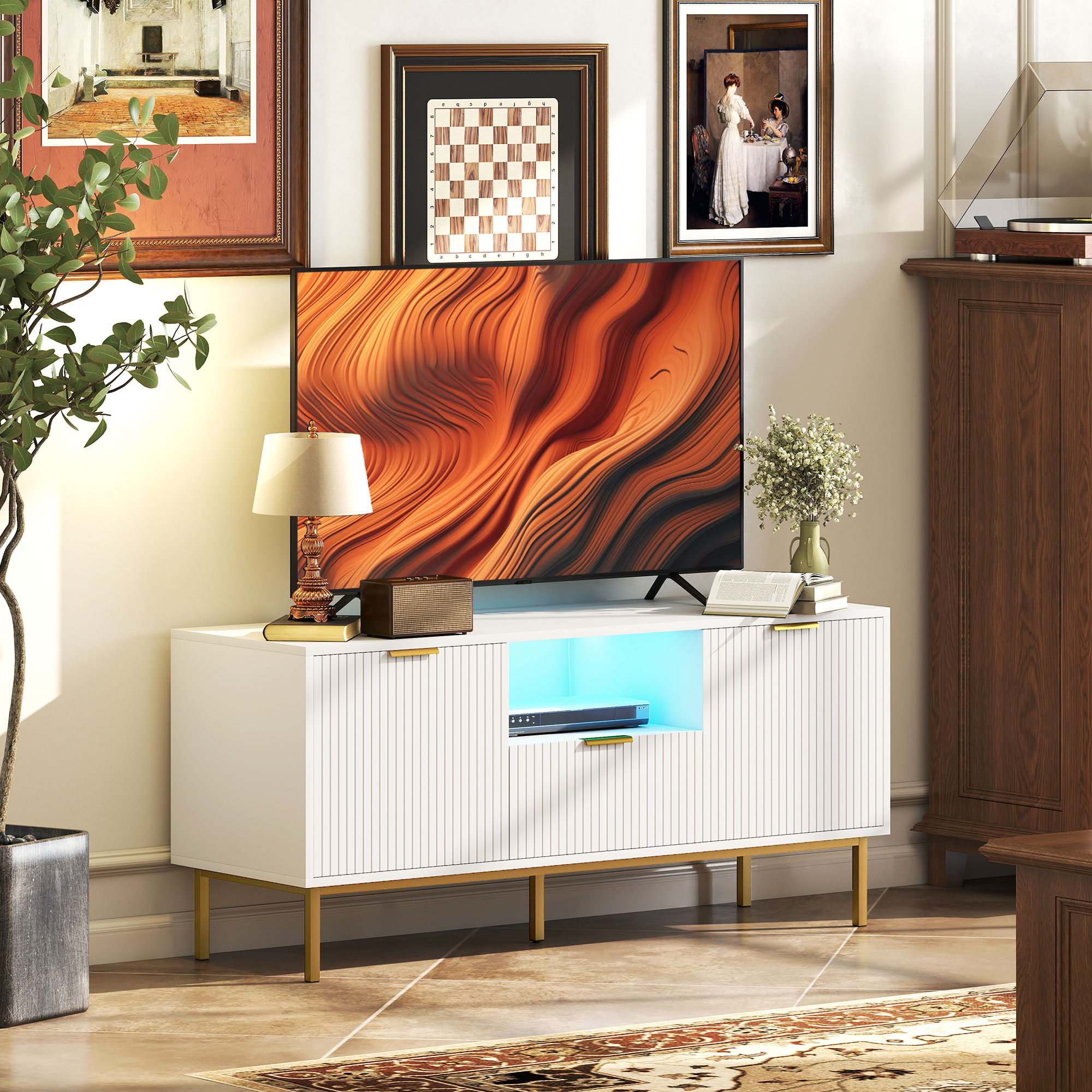 Modern TV Console for TVs up to 50 Inch, Entertainment Center with Smart RGB LED Lights and Soft Close Doors, White - Image 6
