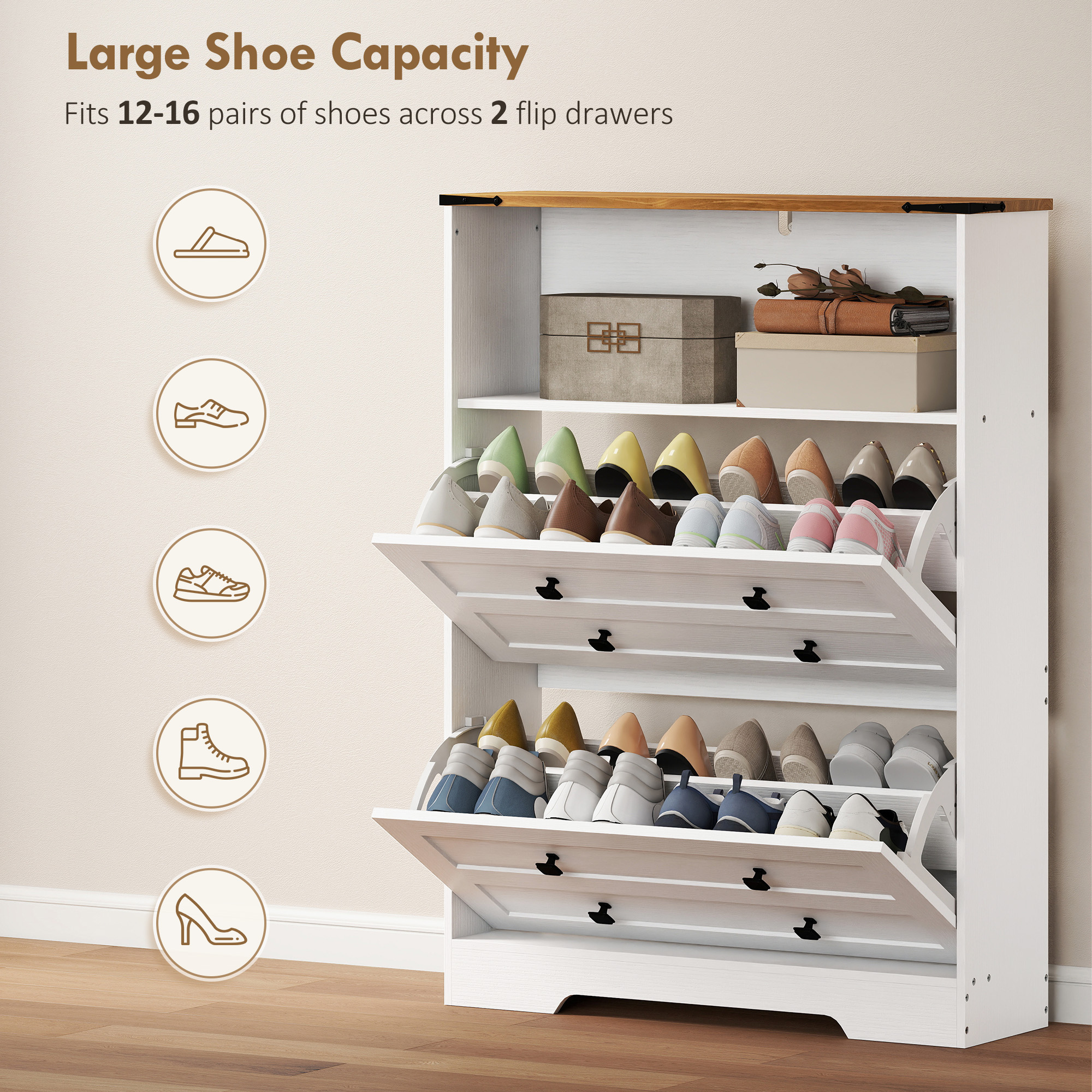 Shoe Cabinet with 2 Flip Drawers, Narrow Shoe Storage Cabinet, White - Image 3