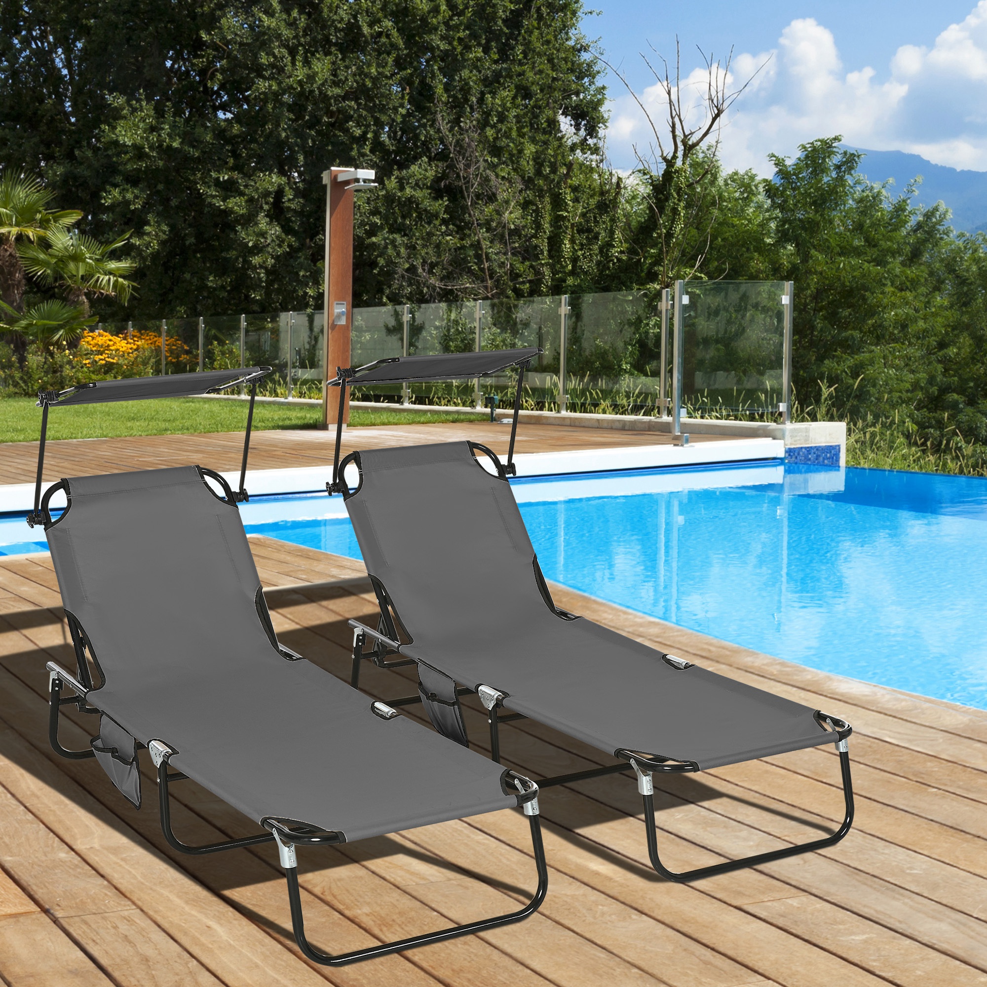 2 Piece Folding Outdoor Chaise Lounges, Pool Tanning Chairs with Reclining Back, Sunshade for Beach, Patio, Dark Grey - Image 6