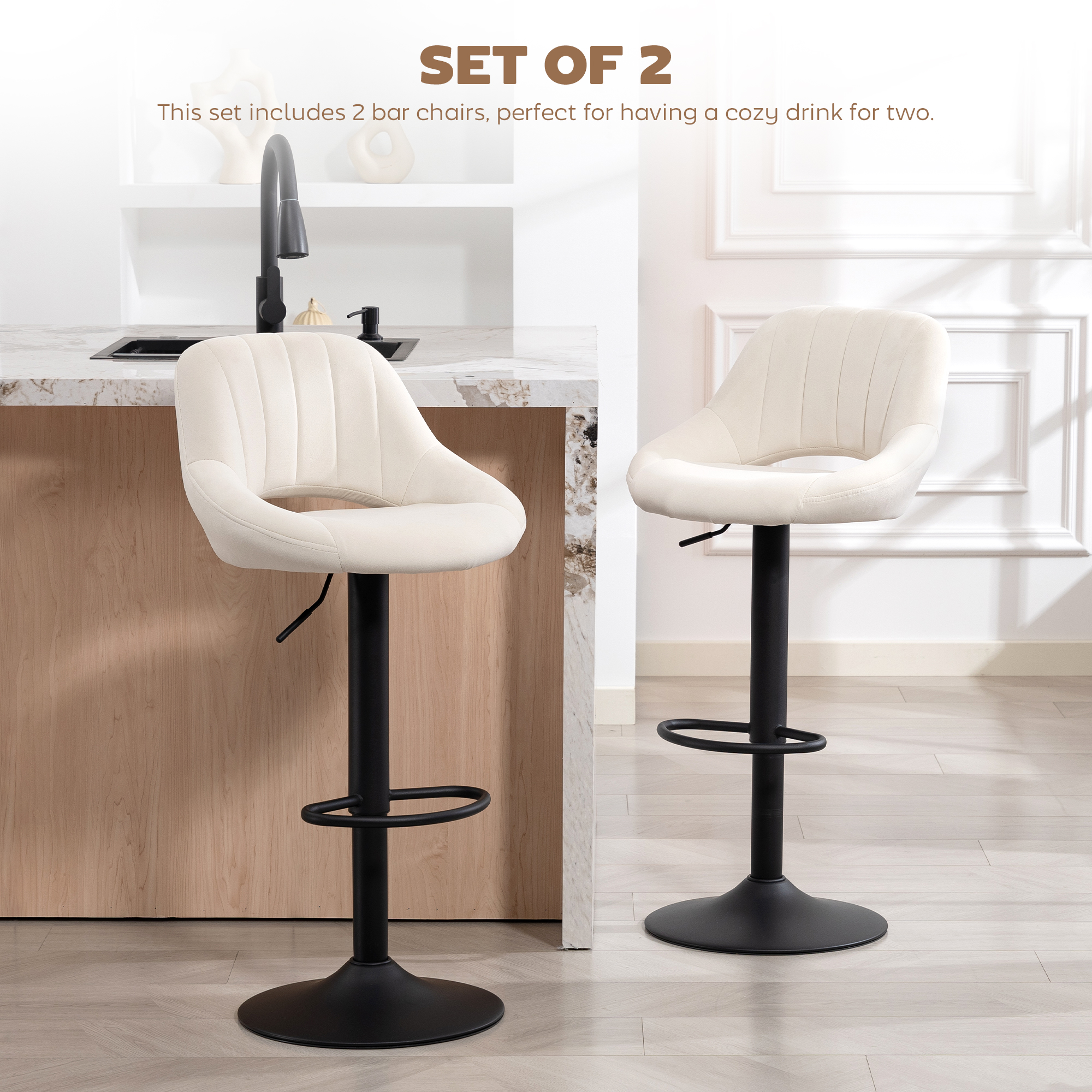 Bar Stools Set of 2, Swivel Counter Height Barstools with Adjustable Height and Cutout Back, Velvet Upholstered Bar Chairs with Round Metal Base and Footrest, Cream - Image 2