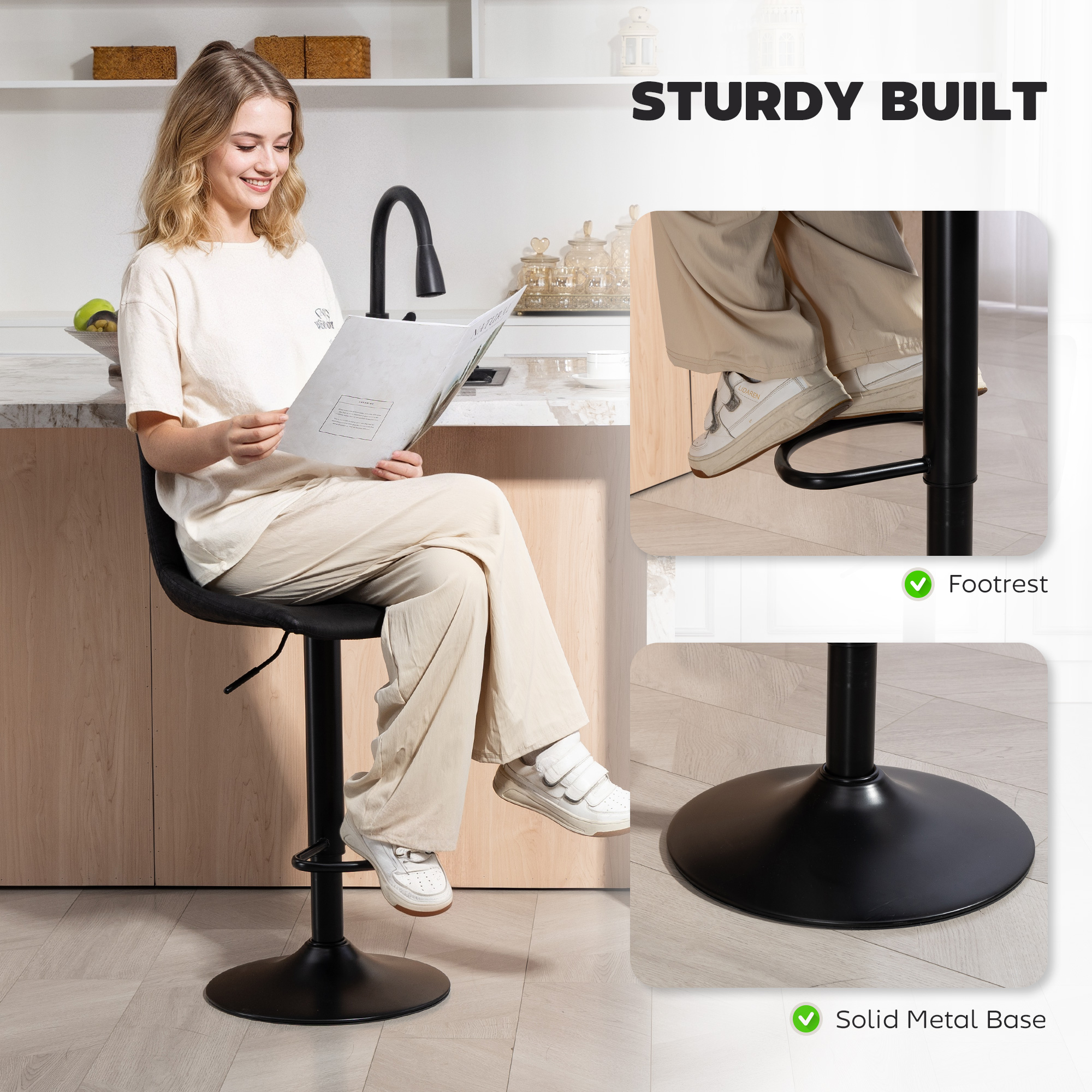 Counter Height Bar Stools Set of 2, Adjustable Height Bar Chairs with Swivel Seat, Leathaire Upholstery, Black - Image 4