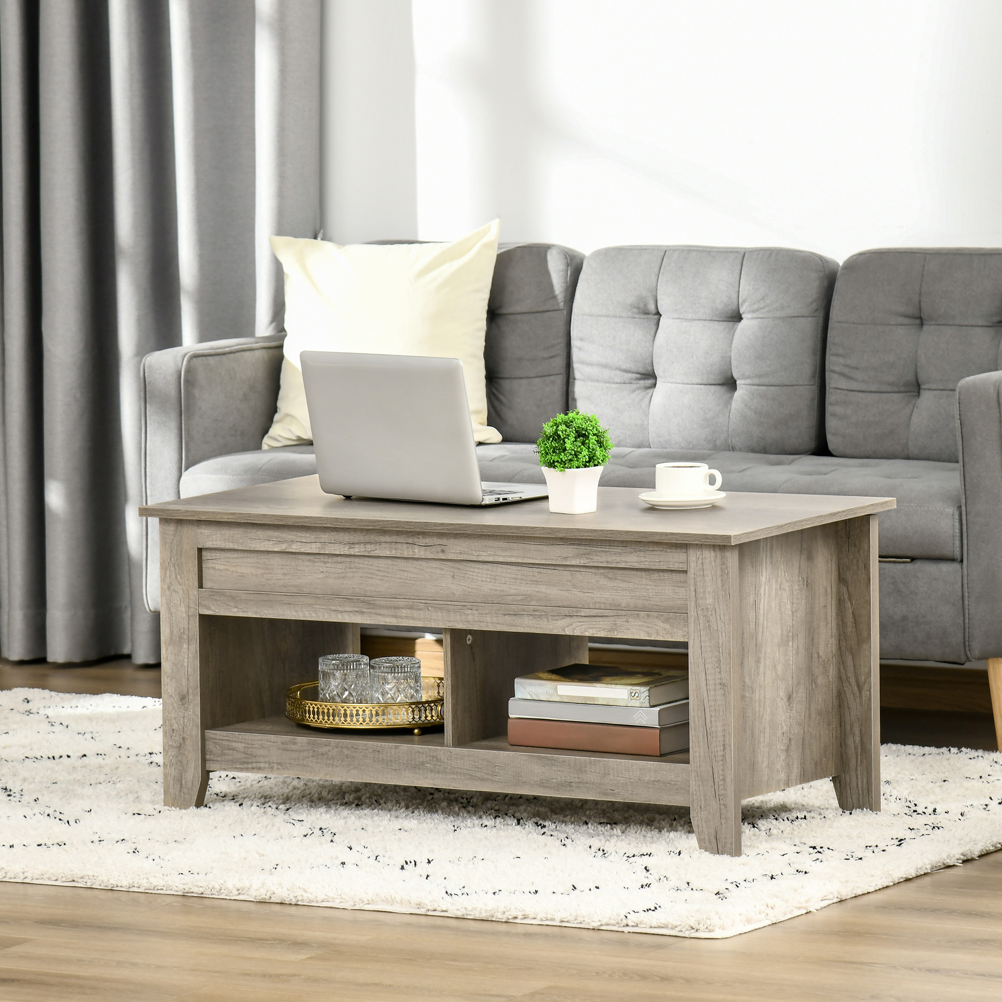 Lift Top Coffee Table with Hidden Storage Compartment and Open Shelves, Lift Tabletop Pop-Up Center Table for Living Room, Oak Effect - Image 5