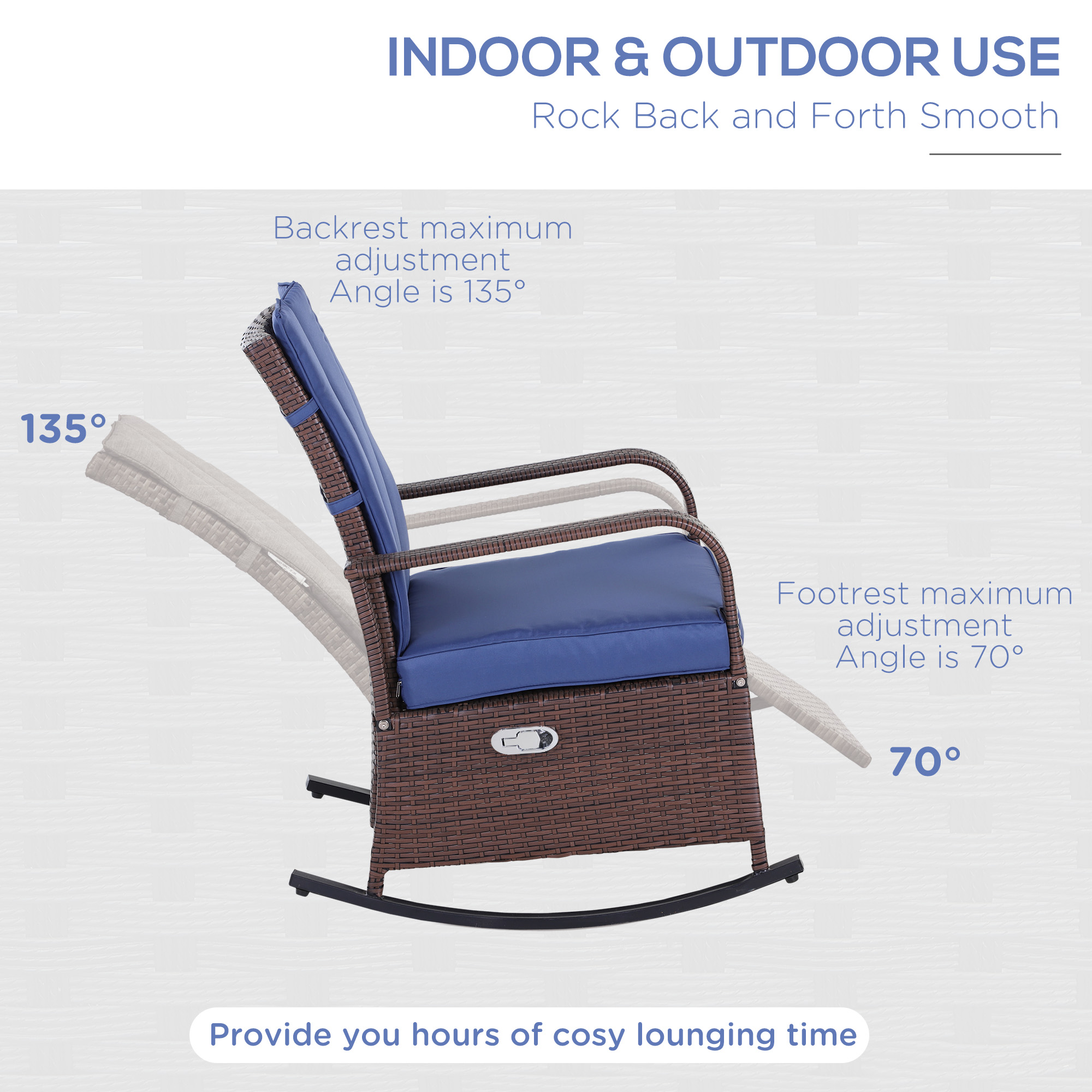 Outdoor Wicker Rocking Chair with Cushion, Patio PE Rattan Recliner Chair with Adjustable Footrest, Armrests, Dark Blue - Image 3