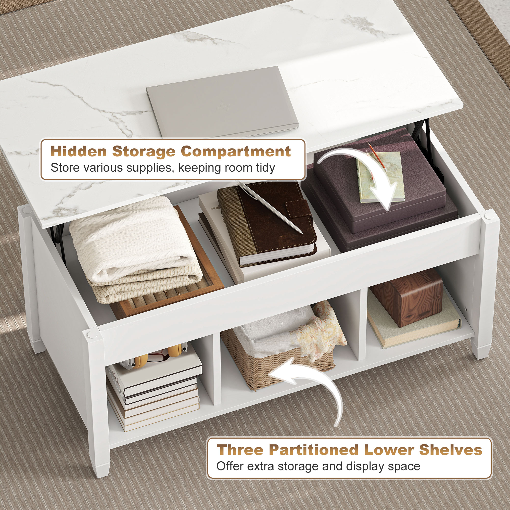 Lift Top Coffee Table, Modern Center Table with Storage Shelves and Hidden Compartment for Living Room, 41" L, White - Image 3