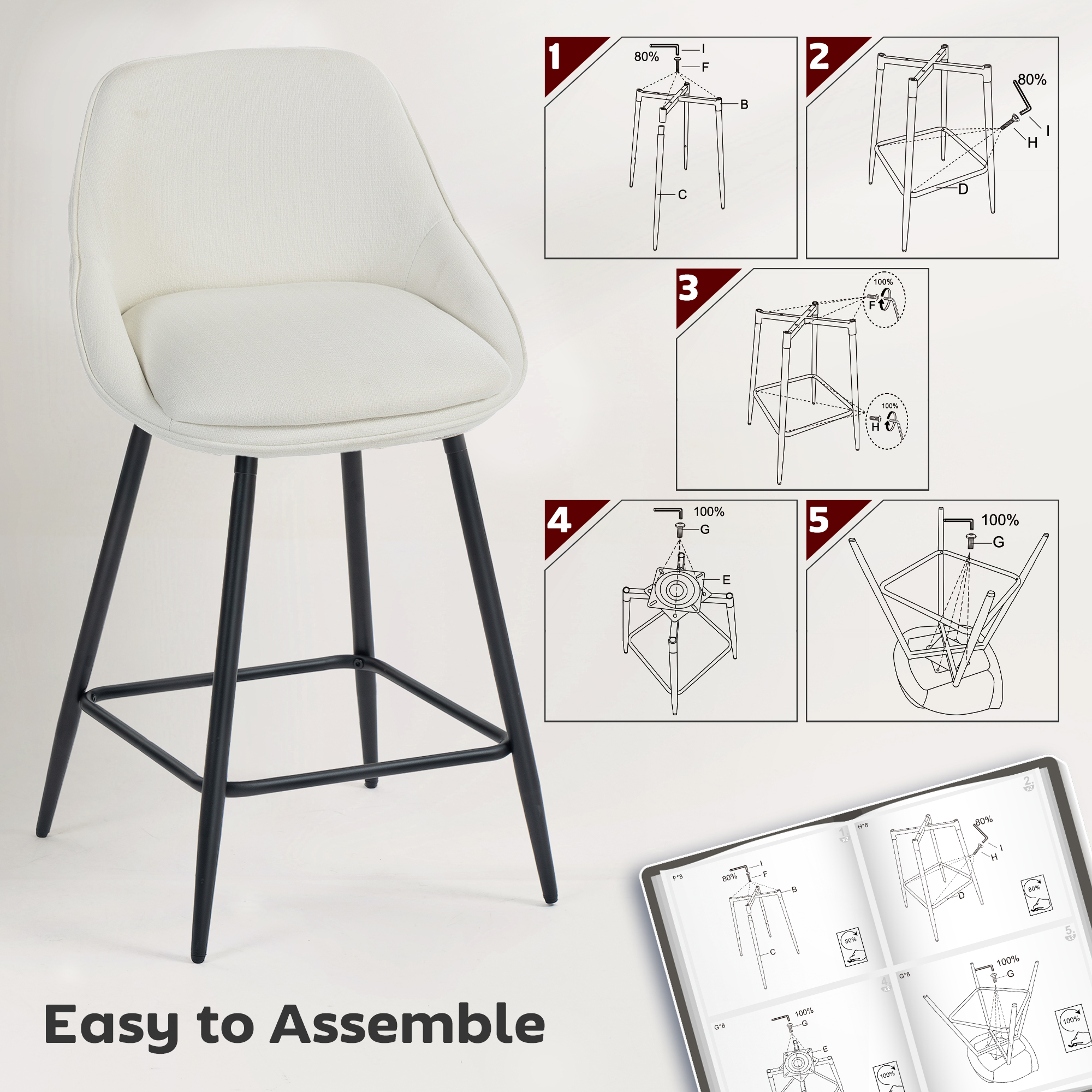 26" Counter Height Barstools Set of 2, Upholstered Swivel Bar Stools with Backrests and Armrests, Cream White - Image 5