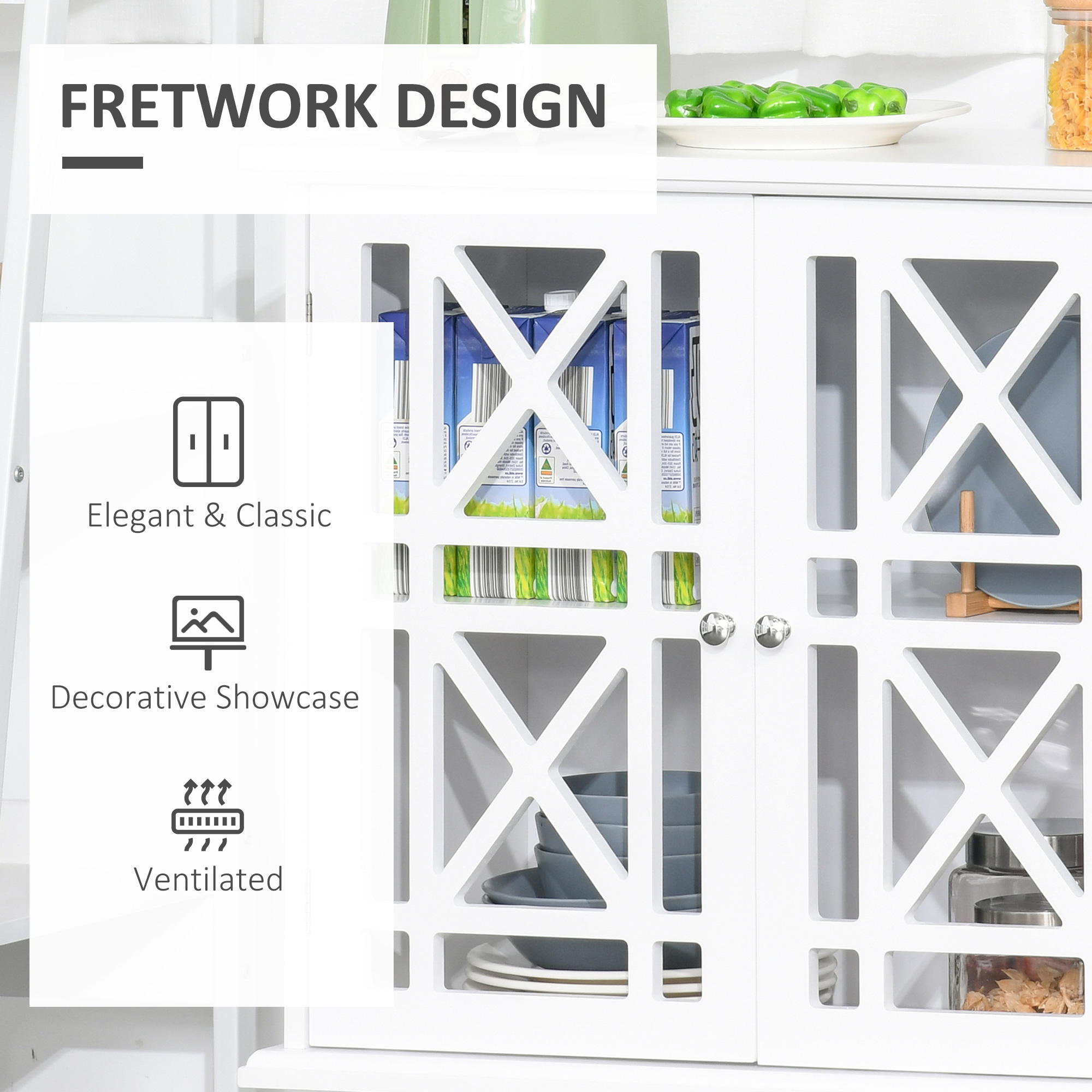 Storage Cabinet with Fretwork Doors and Shelf, Modern Freestanding Sideboard, Buffet, White - Image 3