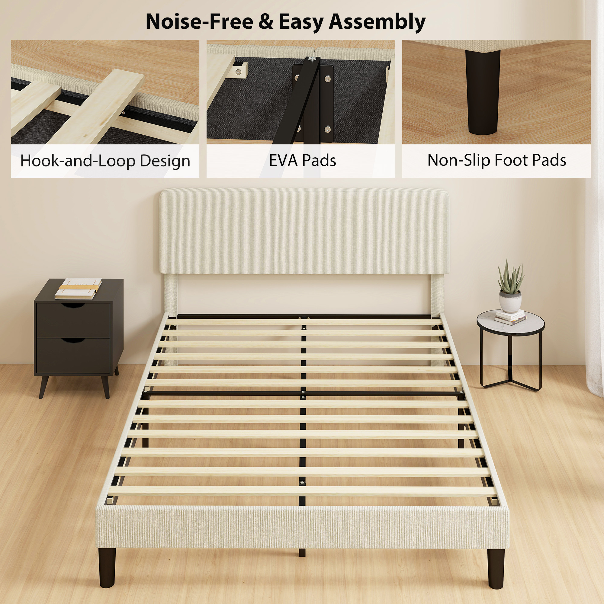 Queen Size Bed Frame with Adjustable Upholstered Headboard Platform Bed Frame Wood Slat Support Noise Free Light Grey - Image 4