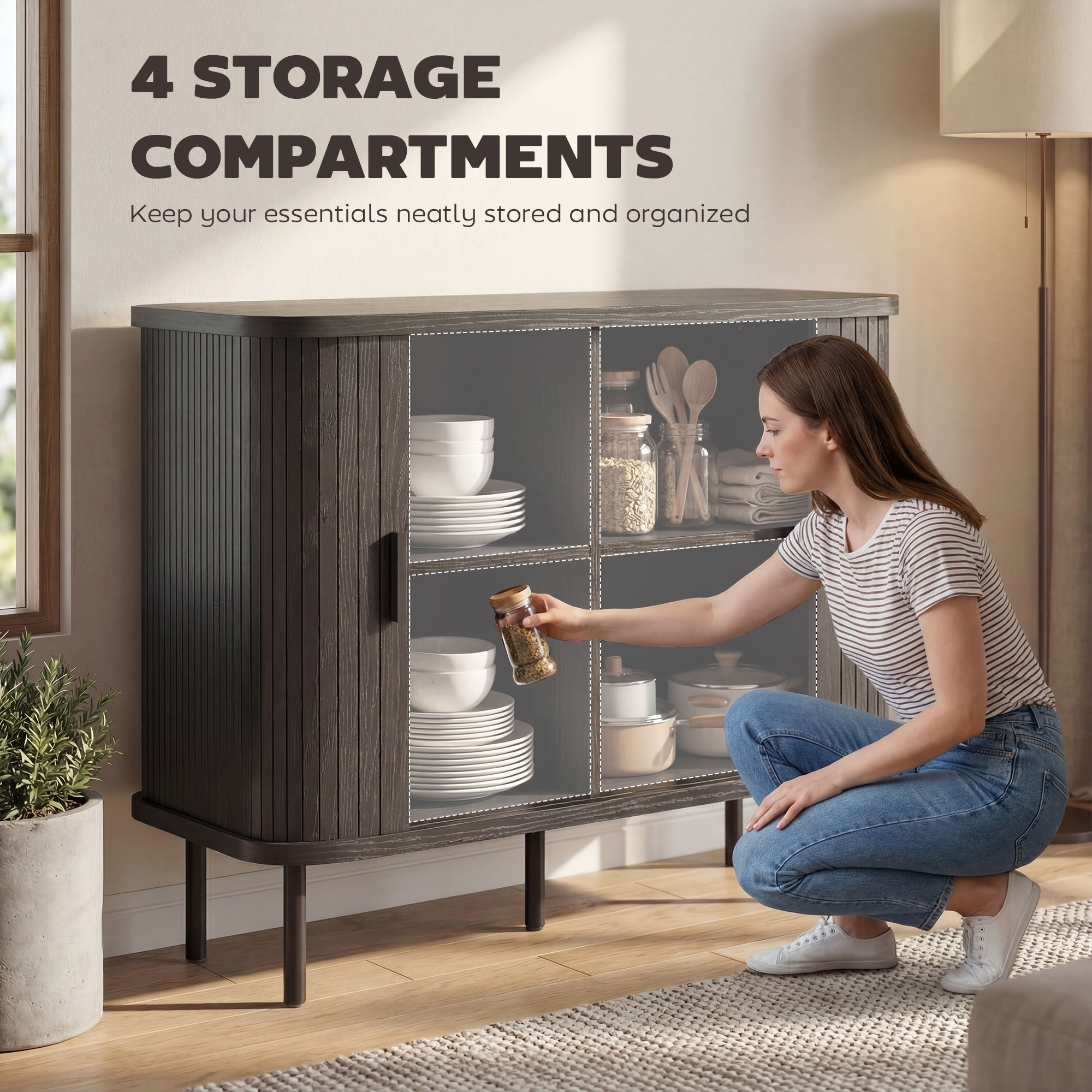 35.4" Sideboard Buffet Cabinet with Storage, Nordic Coffee Bar Cabinet with Slatted Tambour Doors and Metal Legs, Black - Image 4