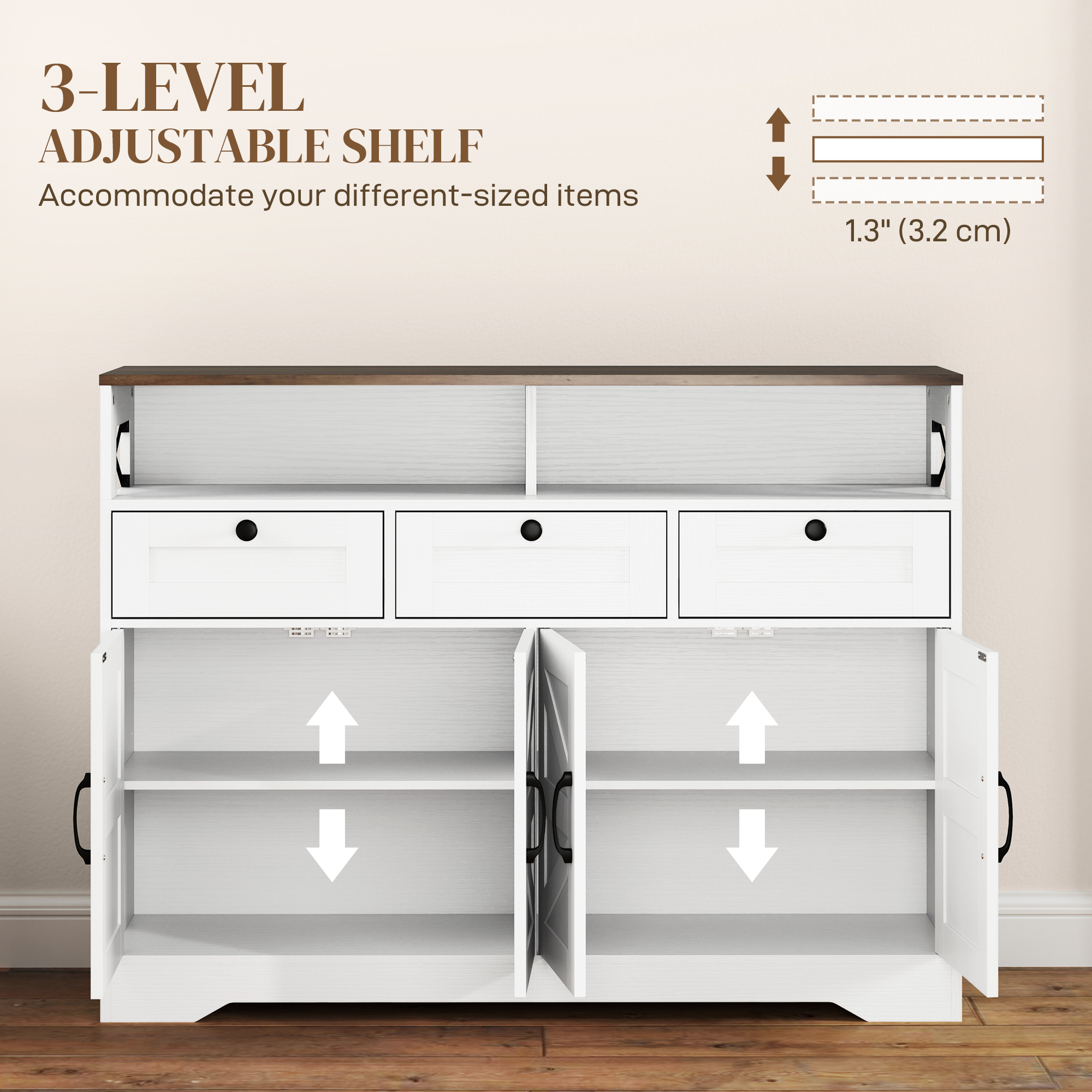 Sideboard, Buffet Cabinet with 4 Barn Doors and 3 Drawers, Coffee Bar Cabinet with Adjustable Shelves, White - Image 3
