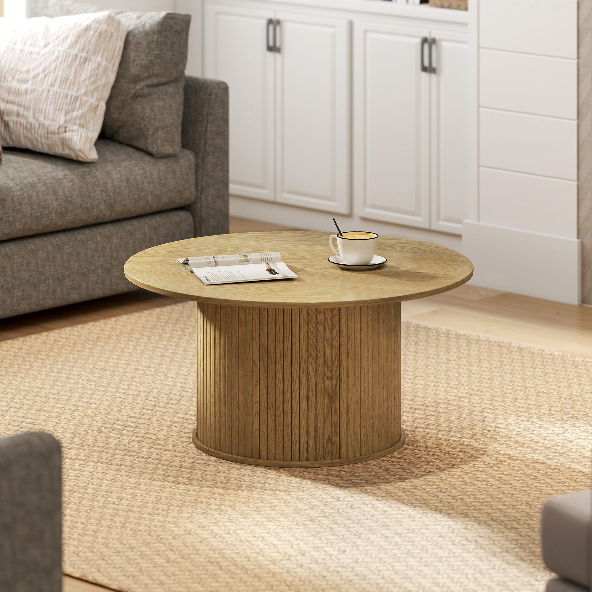 31.5" Round Coffee Table, Nordic Style Center Table with Fluted Cylindrical Base for Living Room, Oak - Image 5