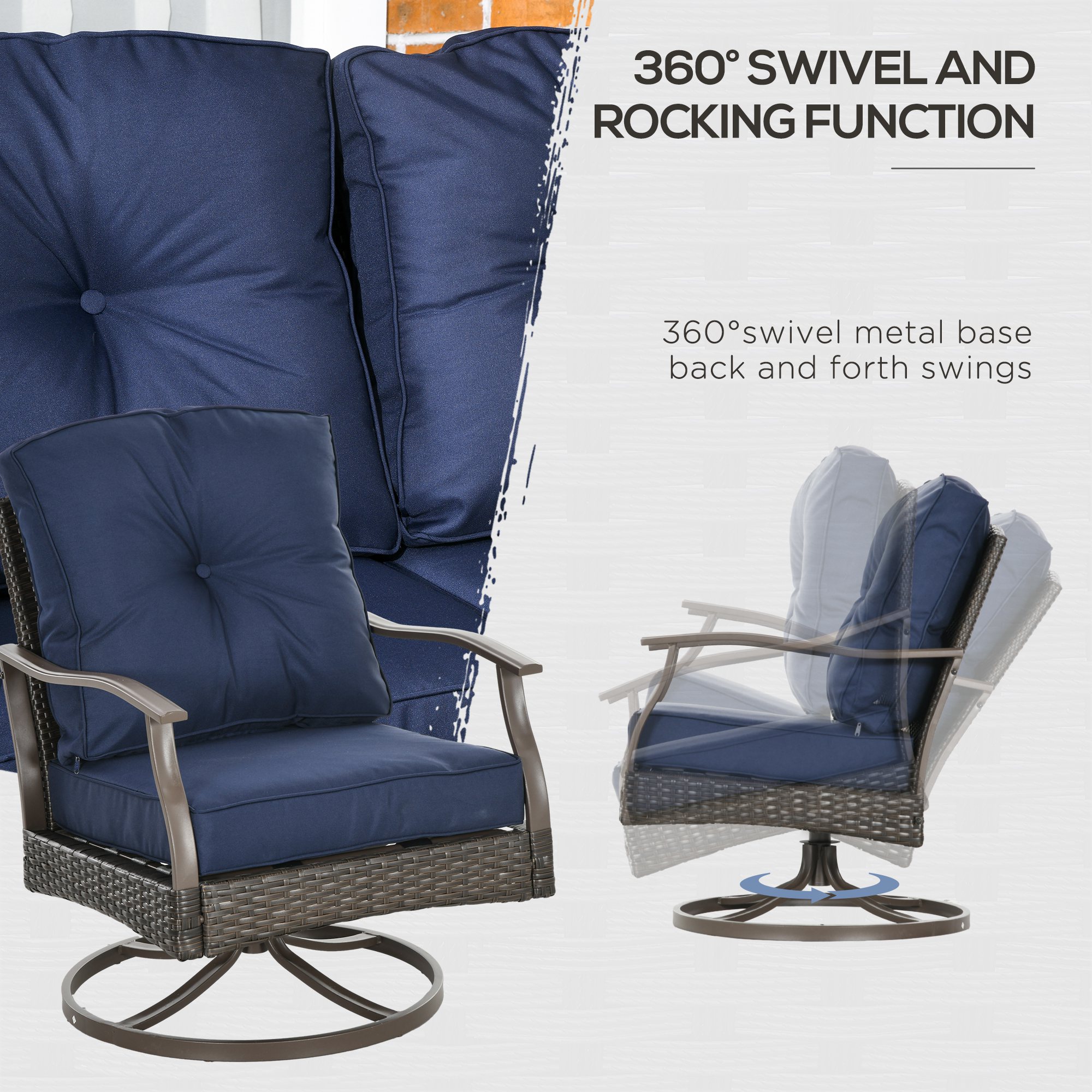 4 Pcs Wicker Sofa Set with 2 Swivel Chairs Patio Furniture Set w/ Two Tier Tea Table & Cushions, Navy Blue - Image 5